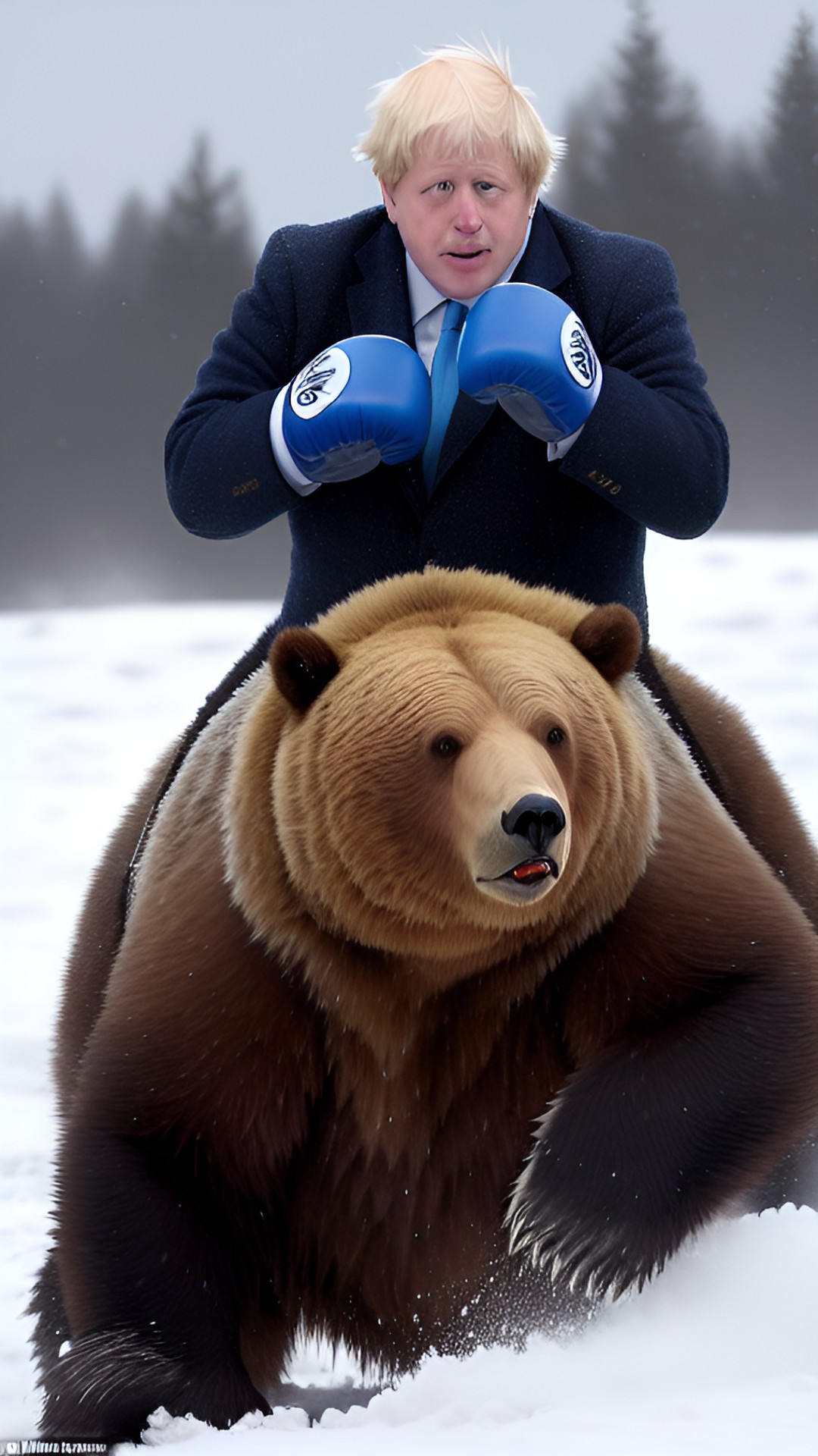 boris johnson boxing a grizzly bear in the middle of a snowy wilderness, with both fighters surrounded by a ring of cheering penguins." - boris johnson fighting a fierce grizzly bear in a snowy wilder preview