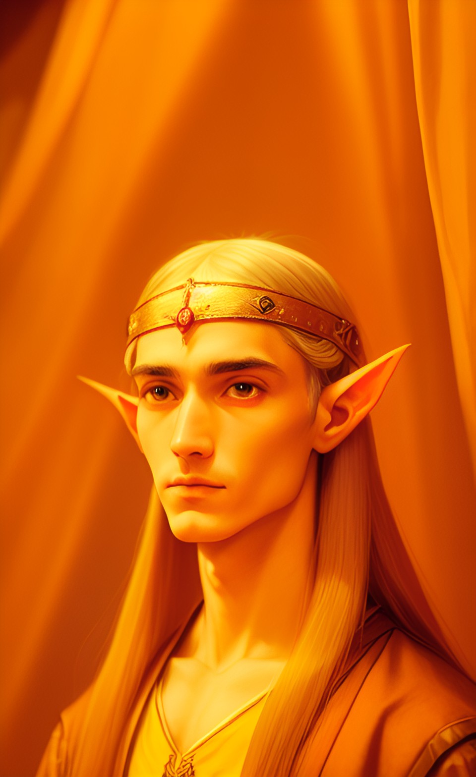 Amber 1 - portrait. middle-ages thin elf with clean-shaved clear hairless face, graceful. long hair. amber lighting, by annibal carracci, kinemacolor, 4d, super-resolution, artificial lighting preview