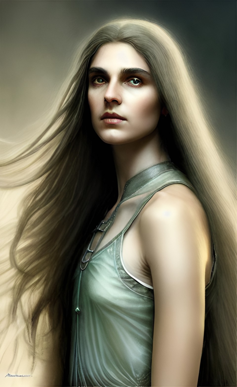 Misty portrait - portrait. middle-ages thin elf with clean-shaved clear hairless face, graceful. long hair. amber lighting, by annibal carracci, kinemacolor, 4d, super-resolution, artificial lighting preview