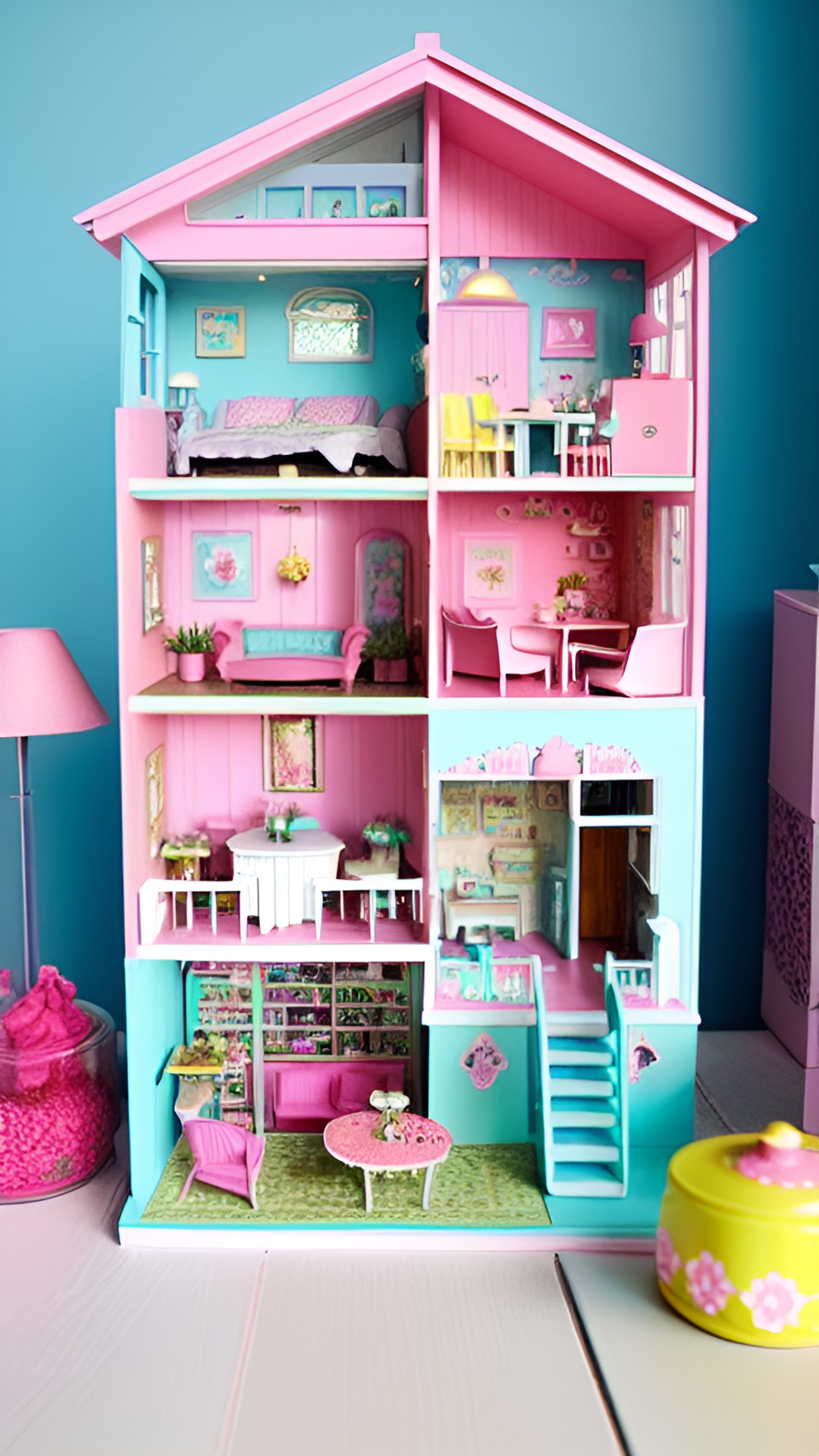 dollhouse cute - cute dollhouse with pink walls and flower details. the miniature furniture is arranged perfectly, with tiny books and teacups on the shelves. it's a tiny dream home! preview