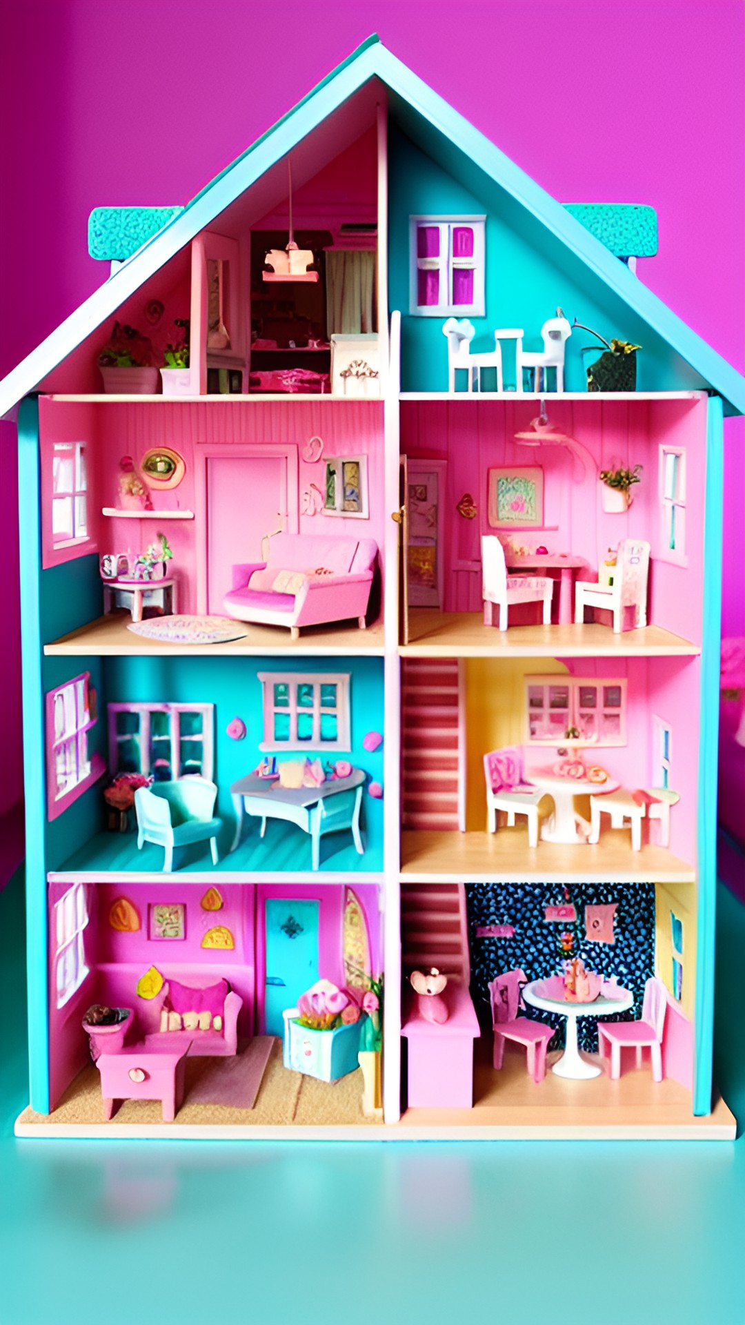 dollhouse cute - cute dollhouse with pink walls and flower details. the miniature furniture is arranged perfectly, with tiny books and teacups on the shelves. it's a tiny dream home! preview