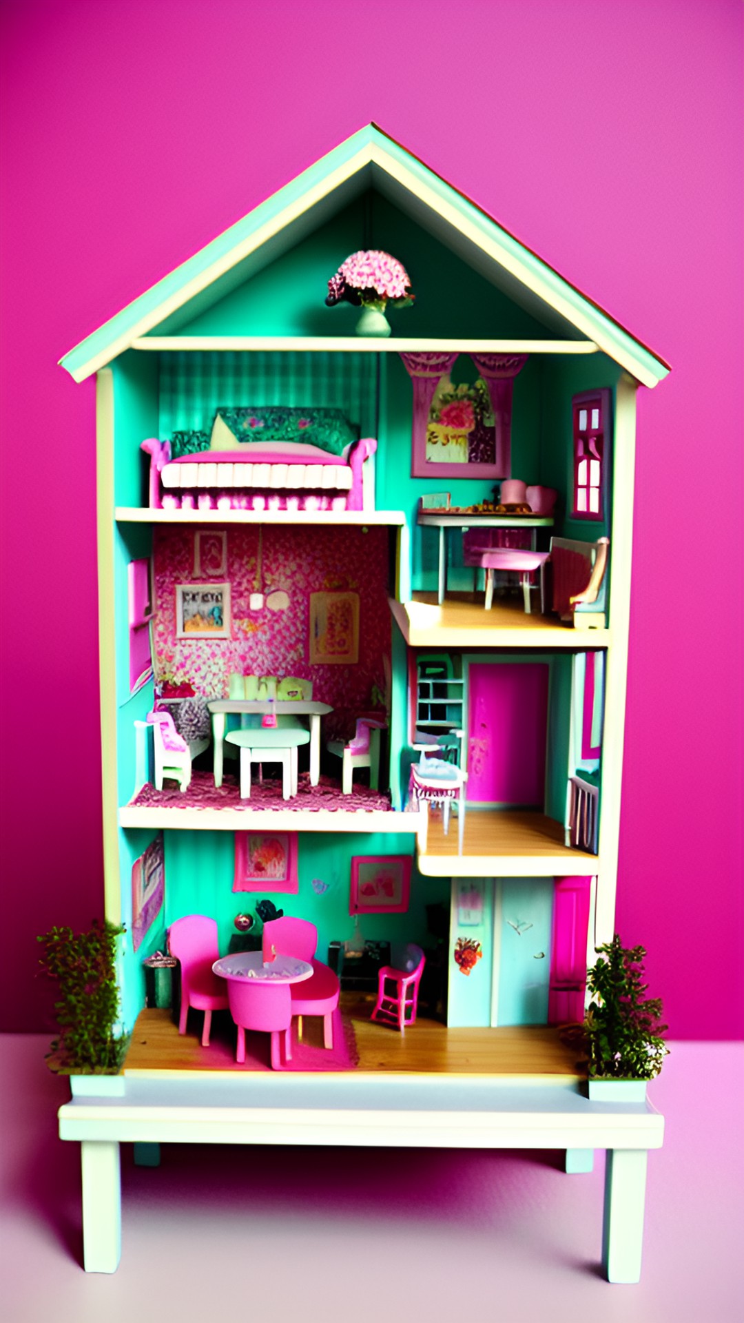 dollhouse cute - cute dollhouse with pink walls and flower details. the miniature furniture is arranged perfectly, with tiny books and teacups on the shelves. it's a tiny dream home! preview