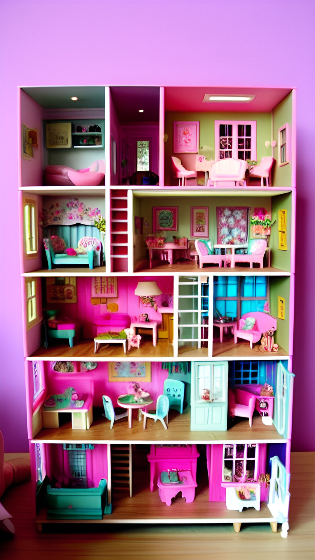 dollhouse cute - cute dollhouse with pink walls and flower details. the miniature furniture is arranged perfectly, with tiny books and teacups on the shelves. it's a tiny dream home! preview