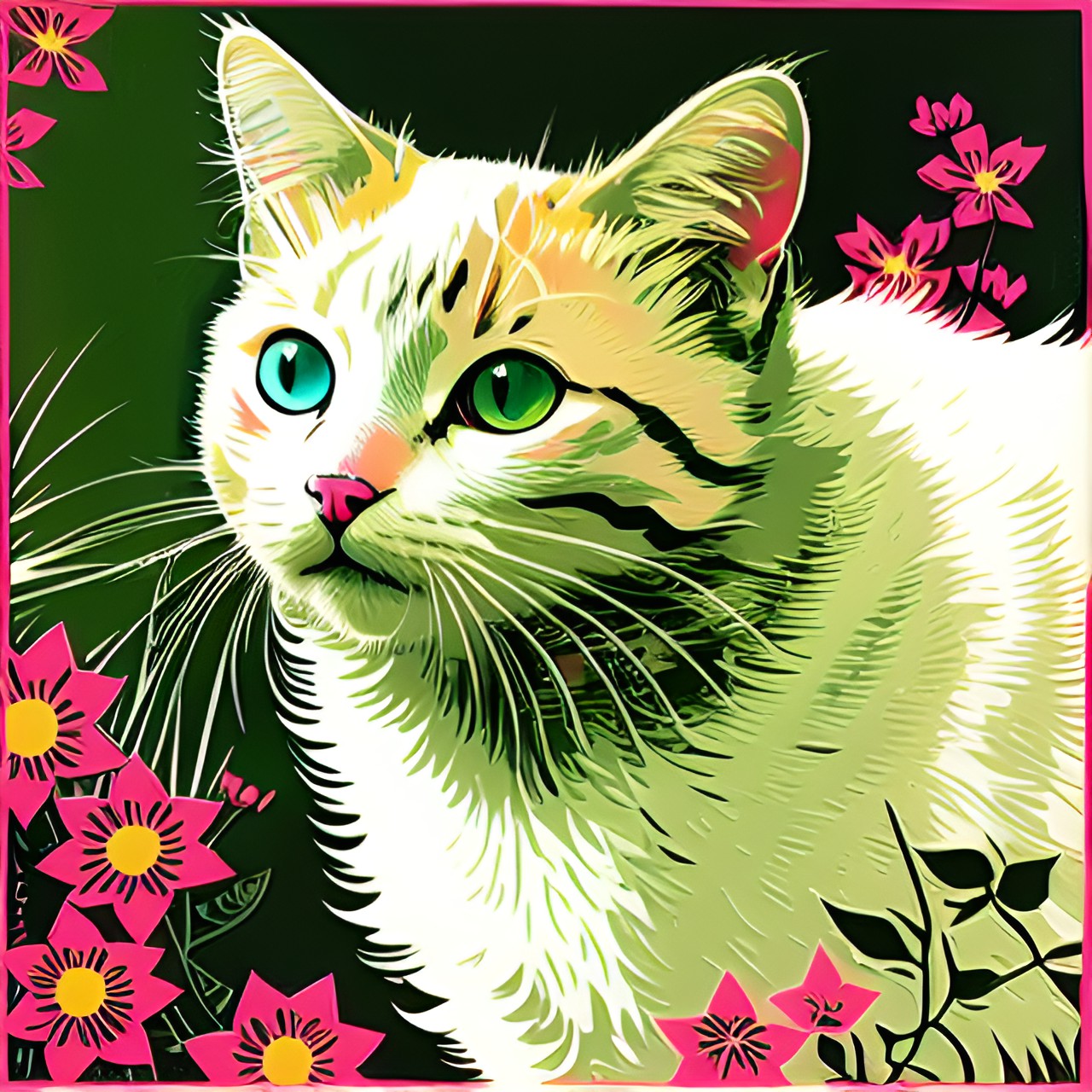 white fluffy floral colorful cat preview