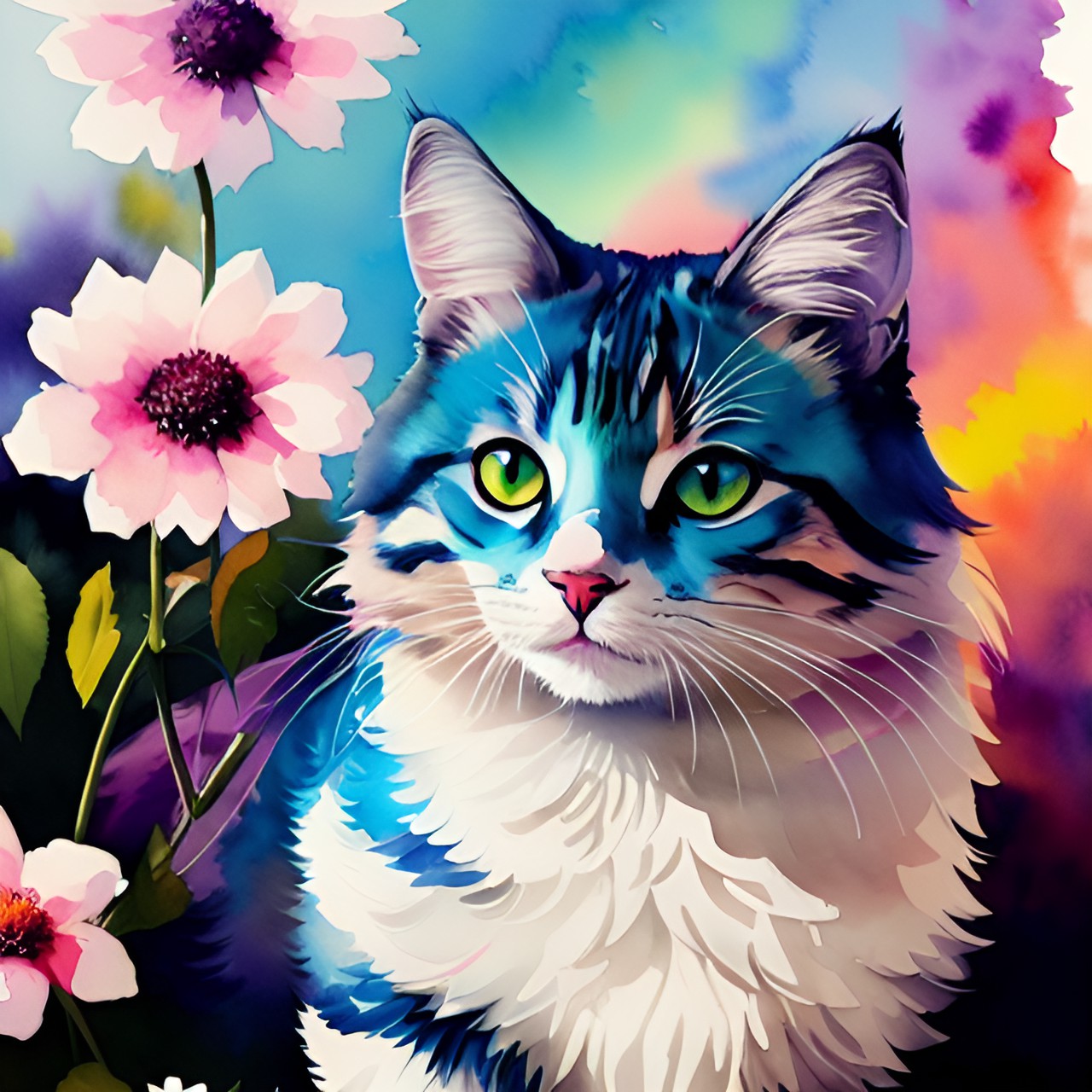 fluffy floral colorful cat preview