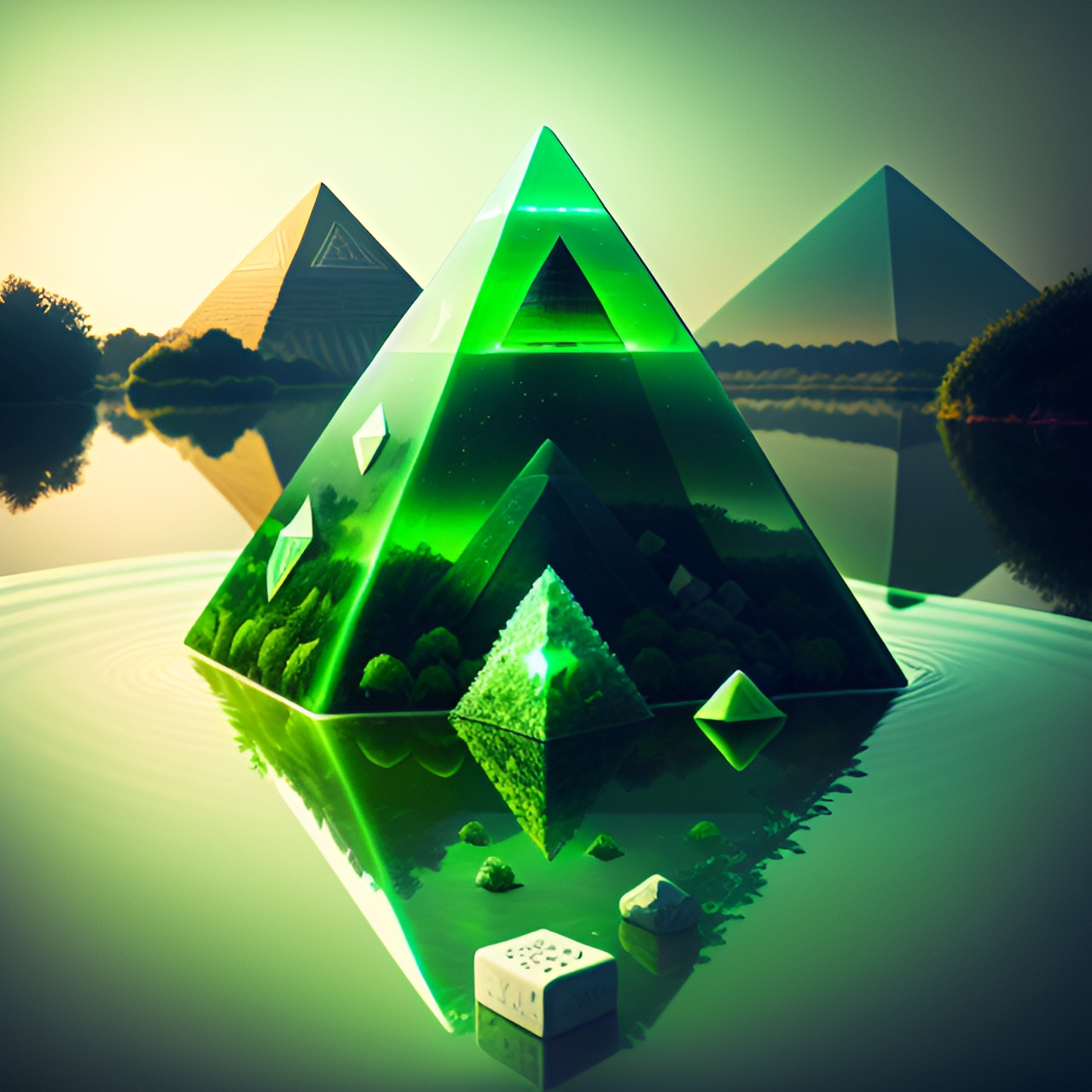 life - peace pyramid
green pyramid with mint next to it surrounded by water on a white table preview