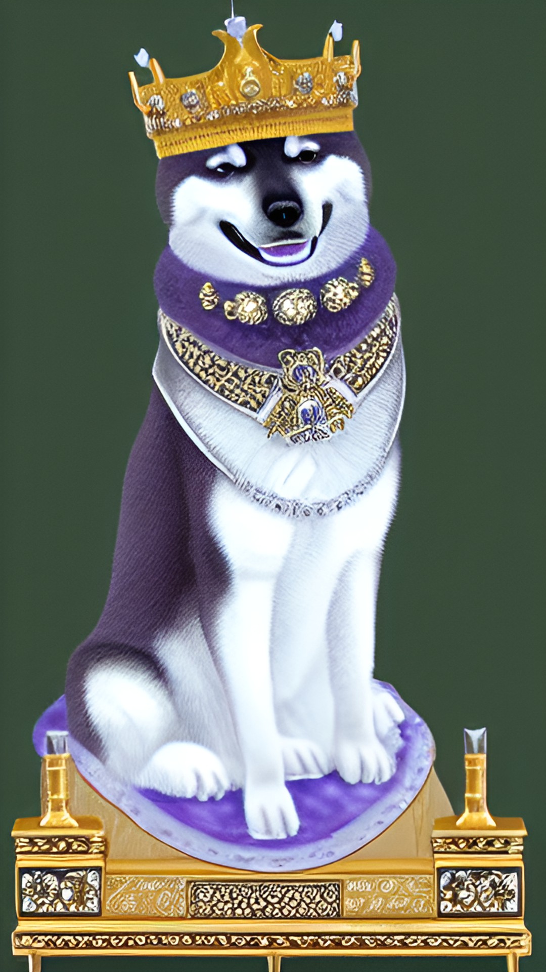 Retro futurism - old queen shiba inu - an ancient queen shiba inu with elegant silver fur and a majestic crown perched atop her head, sitting regally upon a golden throne." preview