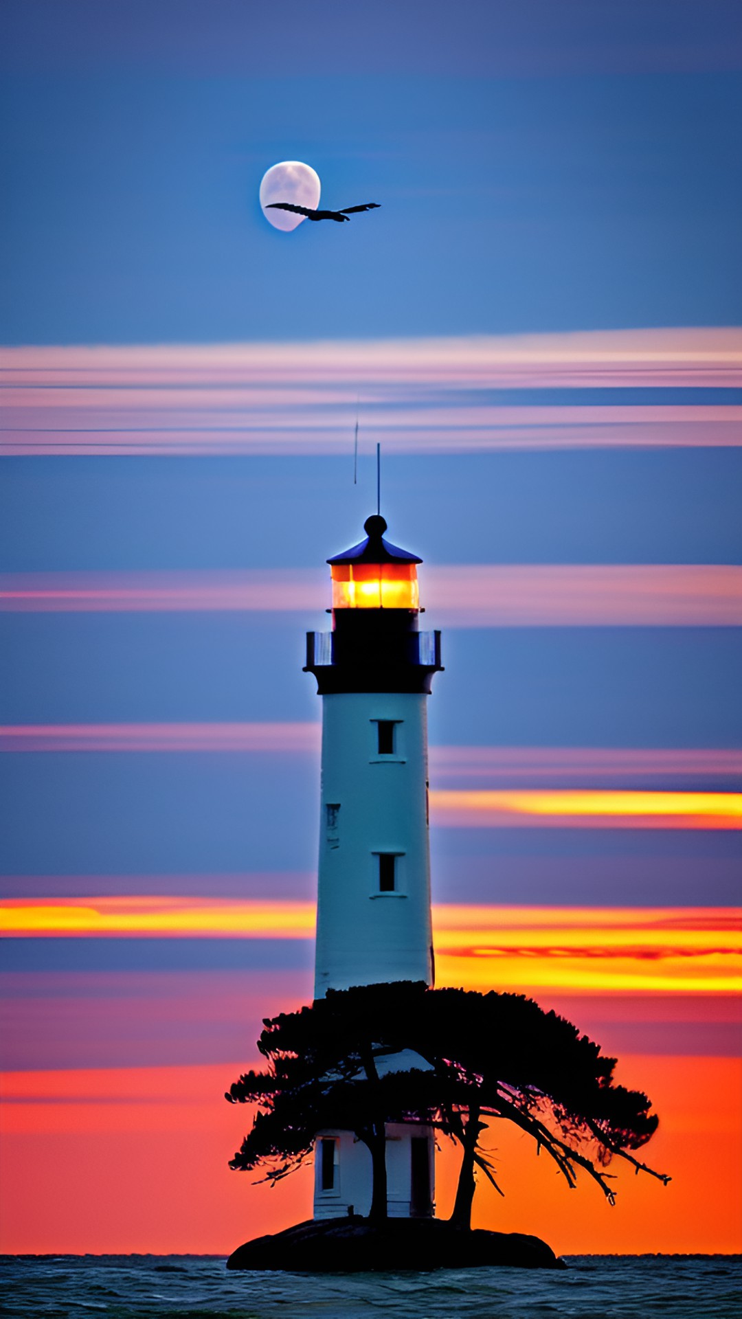 California dreaming - ocean sunset, bald eagle flying over, a silhouette of cypress trees, rock formations in ocean, solstice moon, seguin lighthouse preview