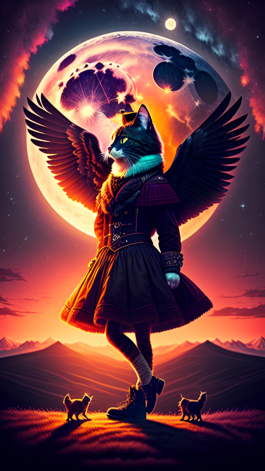 PsyCATdelic - mountain cabin eagle on my arm,full moon,red sky, gypsy,victorian era,cat ,dancing,top hat,kittens everywhere with wings,flying preview