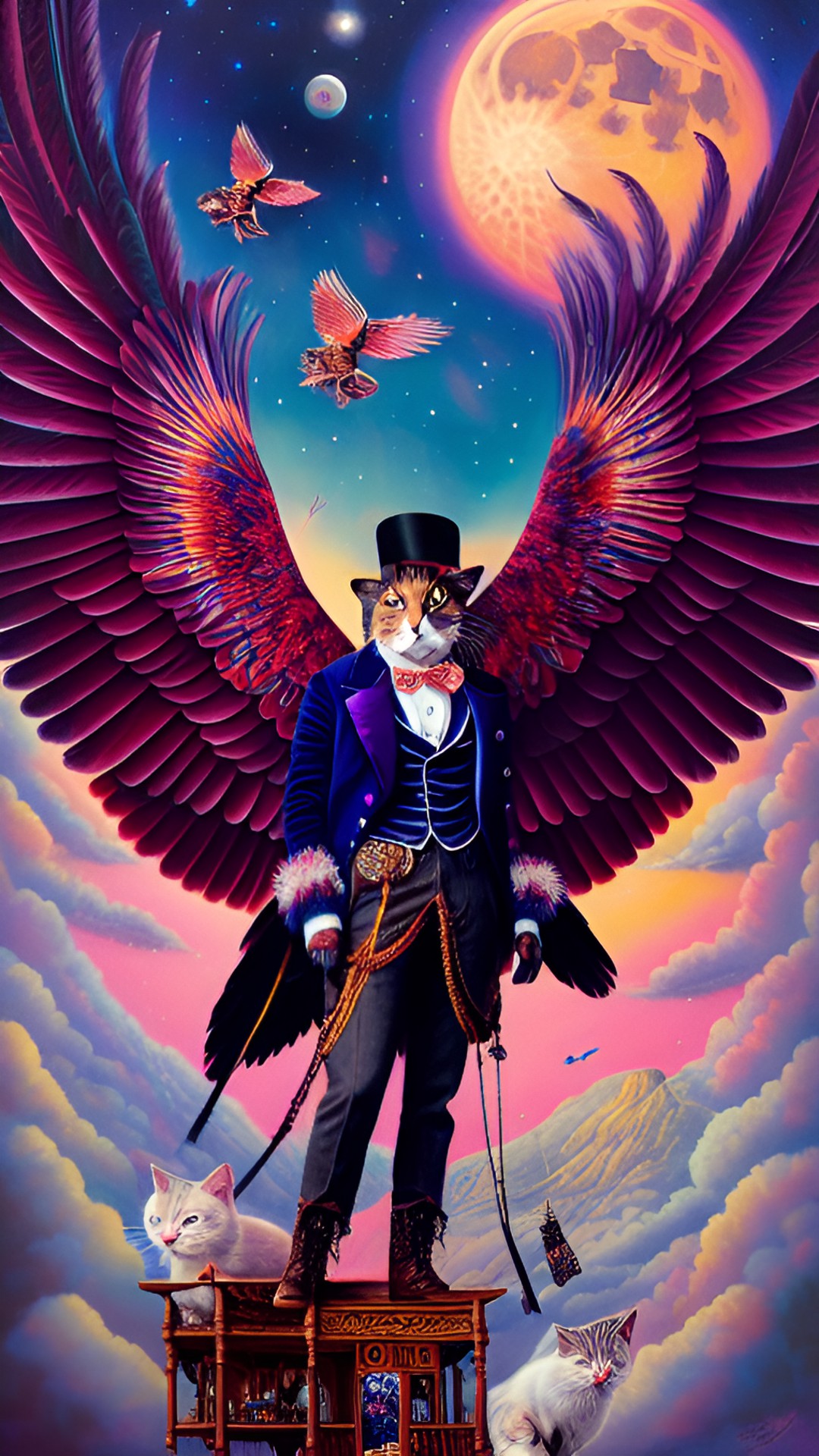 Sir Meows-a-Lot - mountain cabin eagle on my arm,full moon,red sky, gypsy,victorian era,cat ,dancing,top hat,kittens everywhere with wings,flying preview