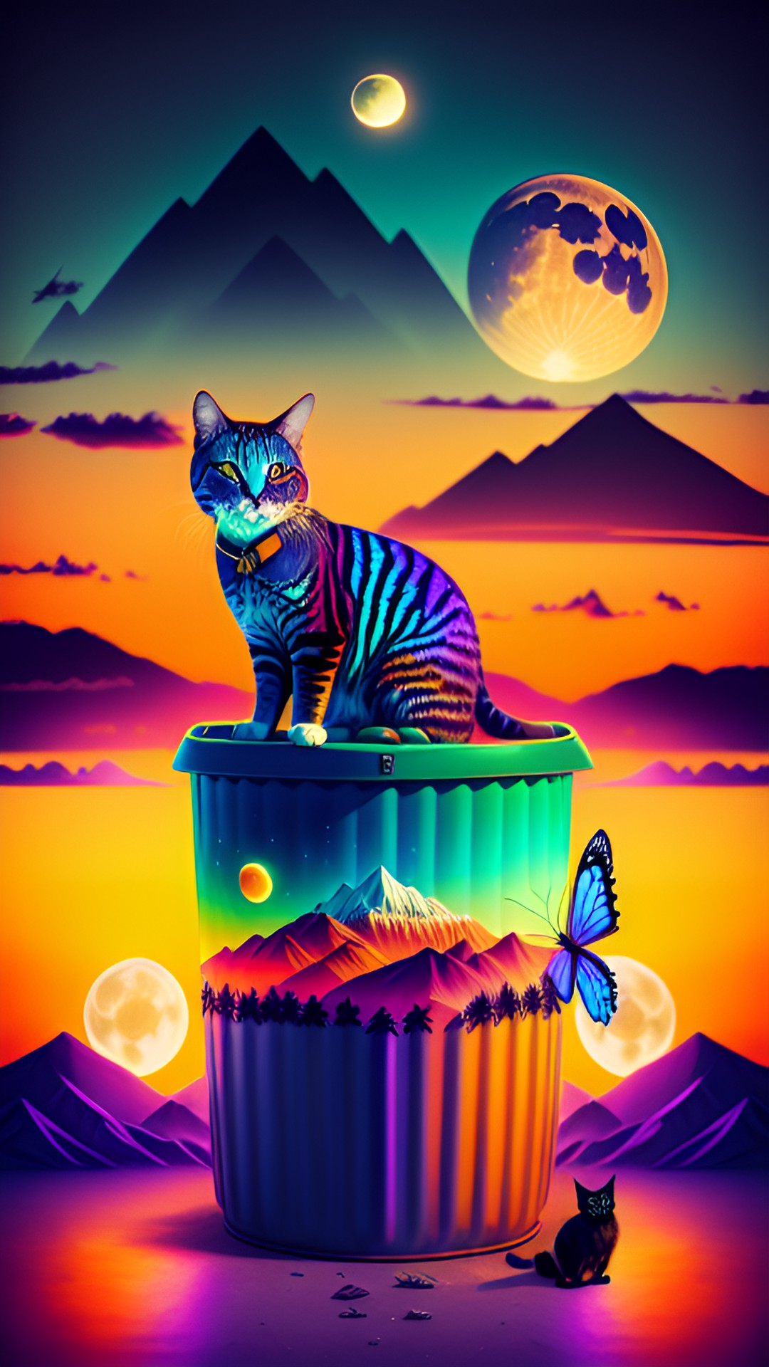 Cosmic Cat - butterfly,colorful,mountains,sunset,palm tree,cat, cool cat, wearing suit,lives in garbage can, top hat ,full moon , preview