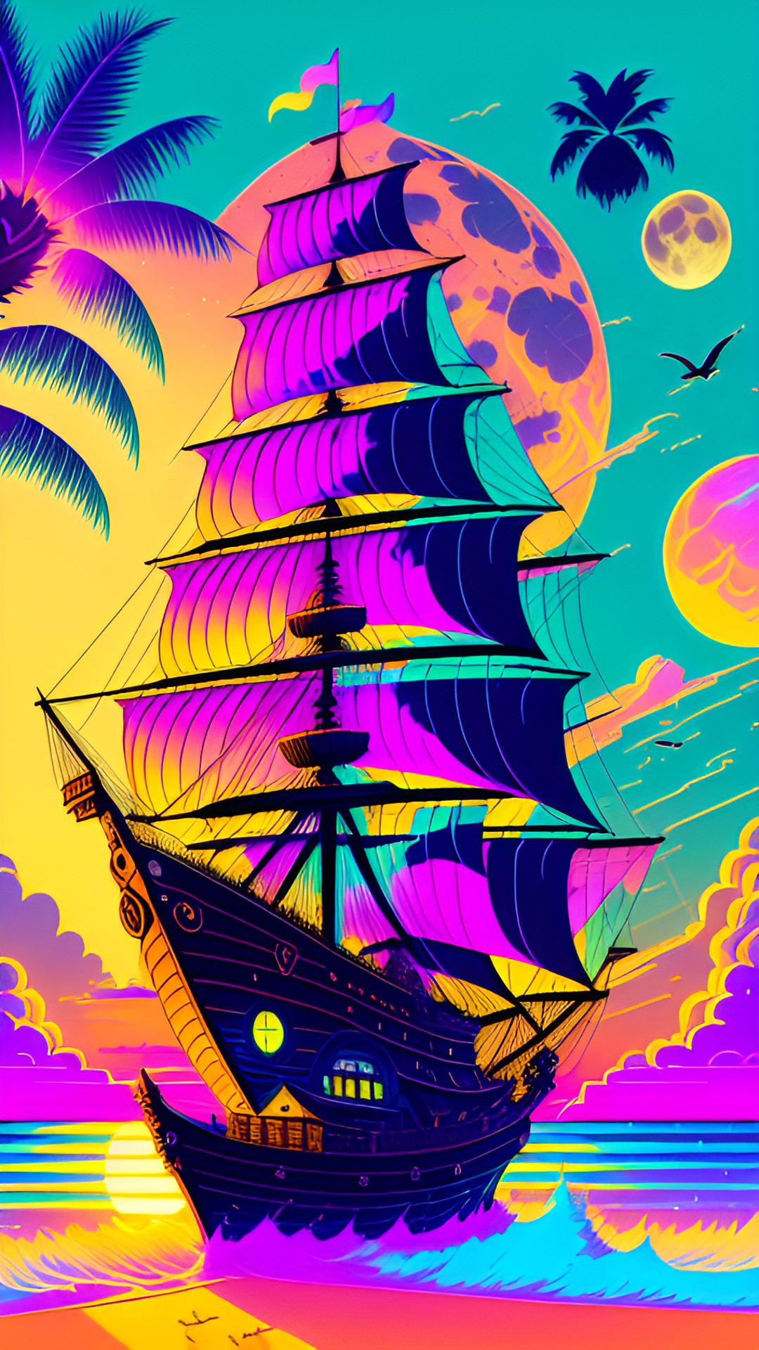 Paradise love - siamese cat, pirate hat,pirate ship sunset,full moon,palm tree ,eagle,guitartuna ,peace sign, preview