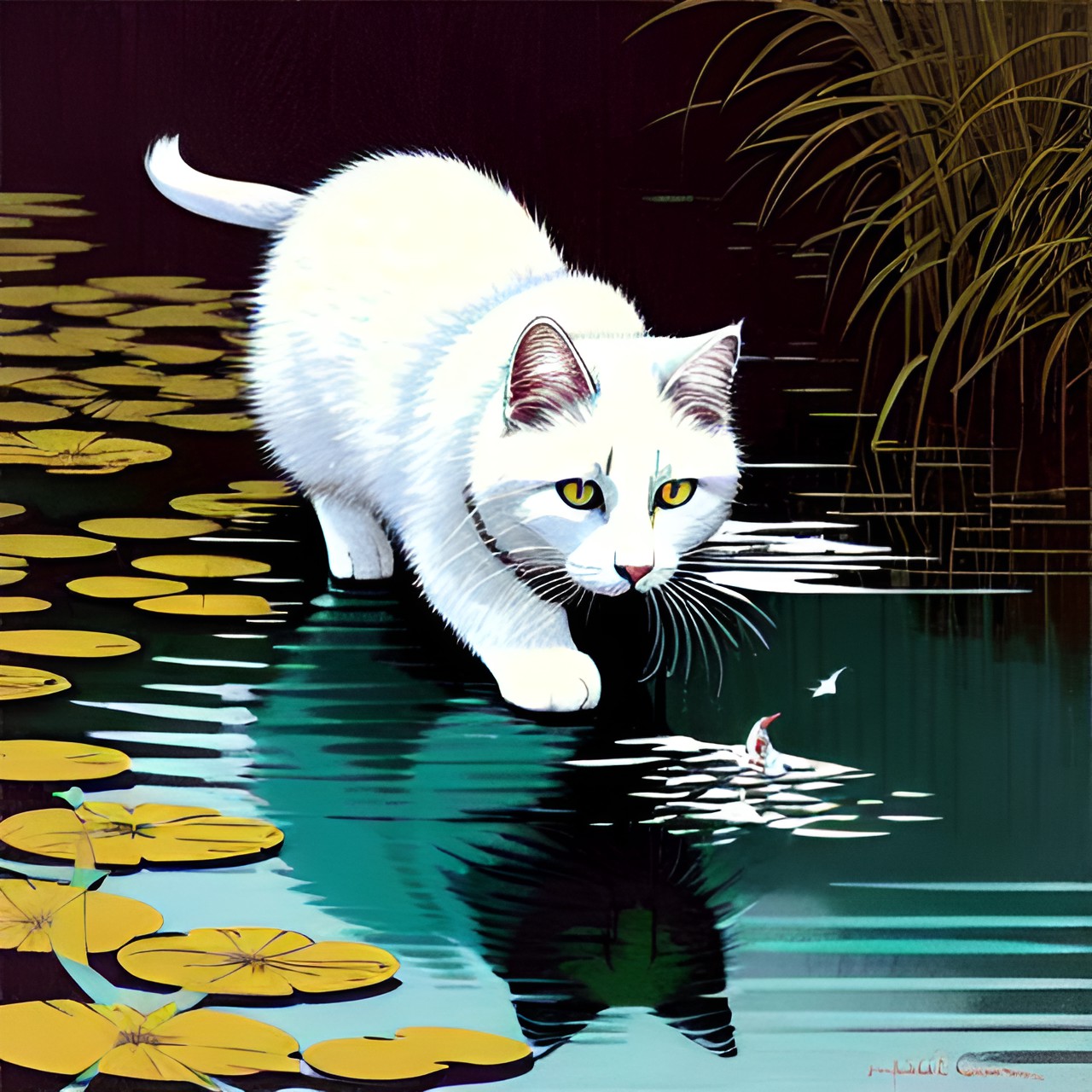 white fluffy cat eating a fish from a pond preview