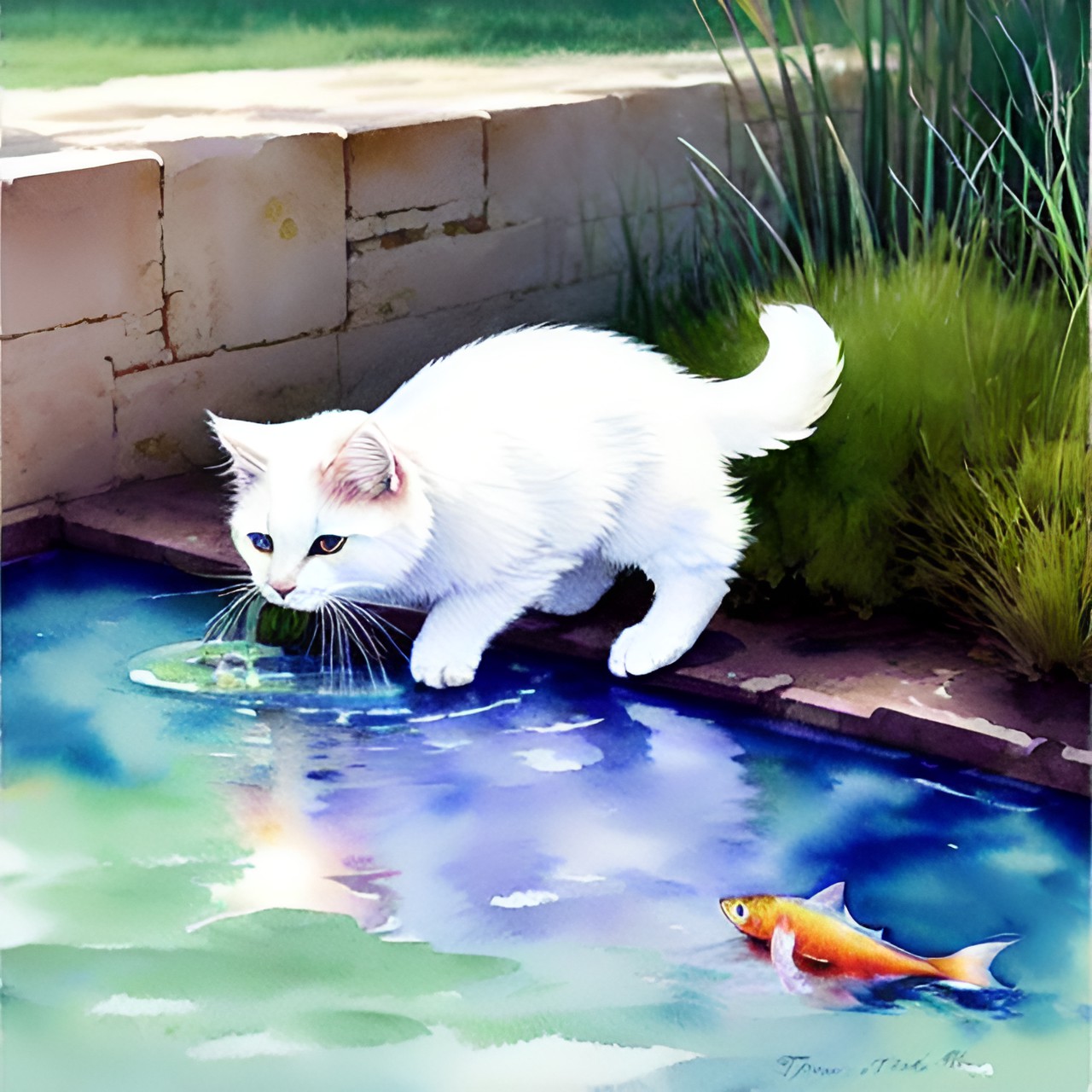 white colorful fluffy cat eating a fish from a pond preview