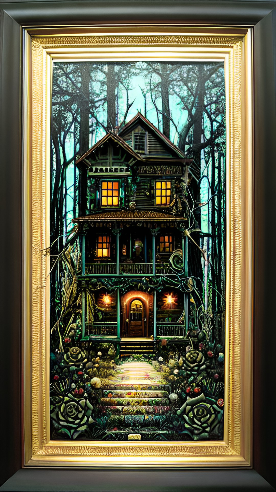 haunted house in the woods at night, framed with black roses. preview