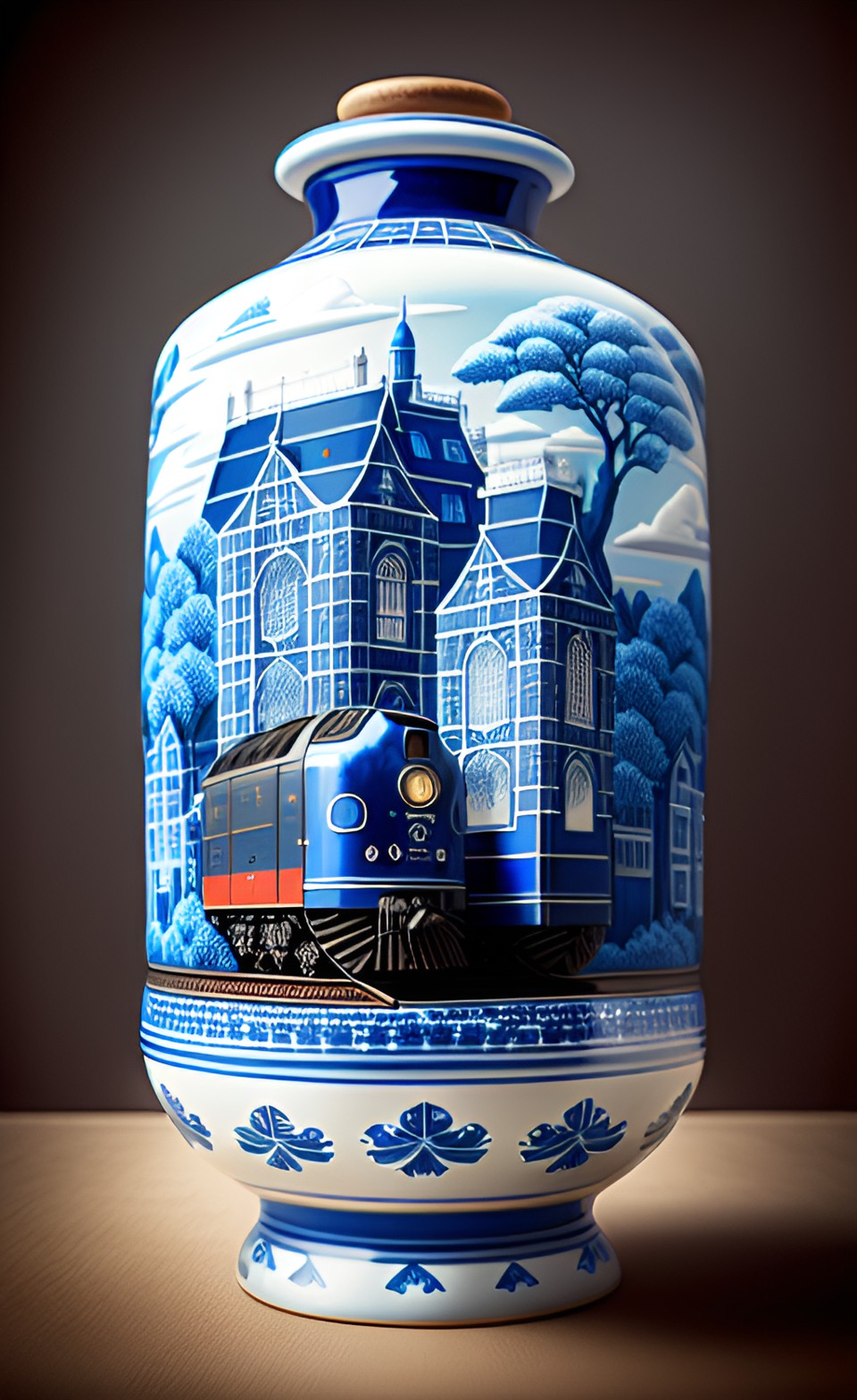 Delft blue Vase - delft blue vase with two locomotive trains on top of each other, blue & white, cheese market background preview