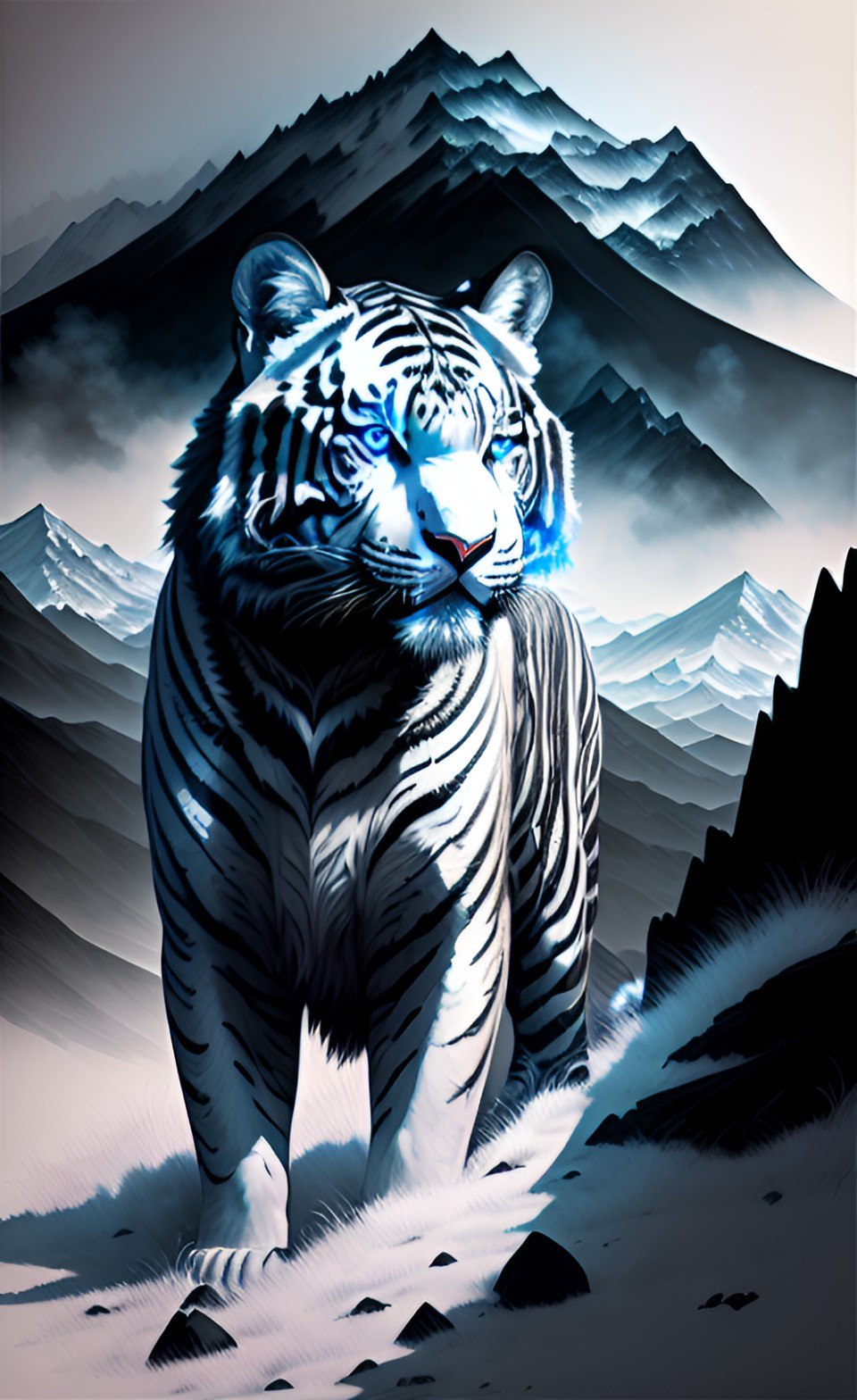 a white tiger shrouded in blue flames roars at the peaks of mount ina the background is a bright moon preview