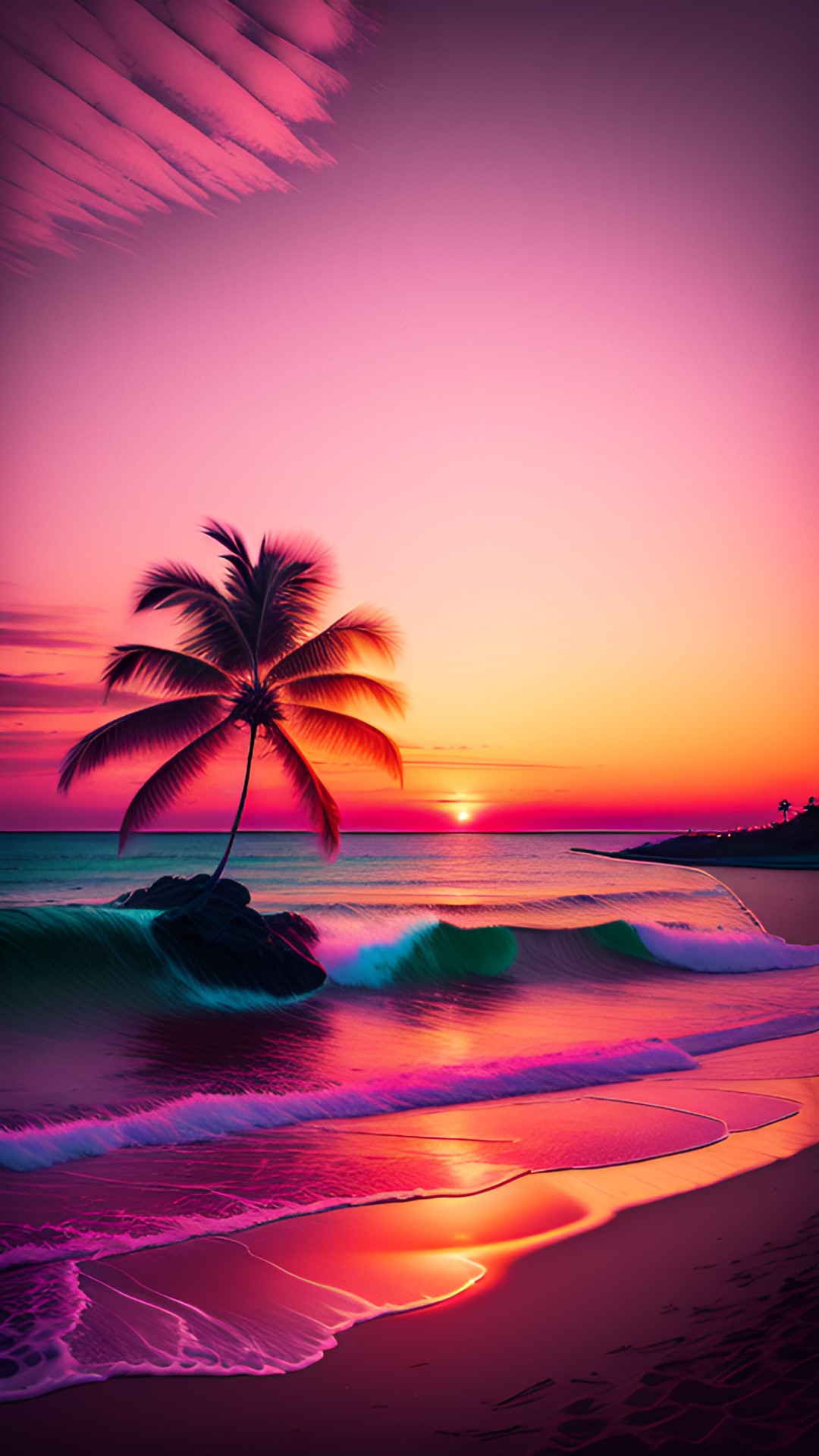 a beach with palm trees during a pink sunset preview