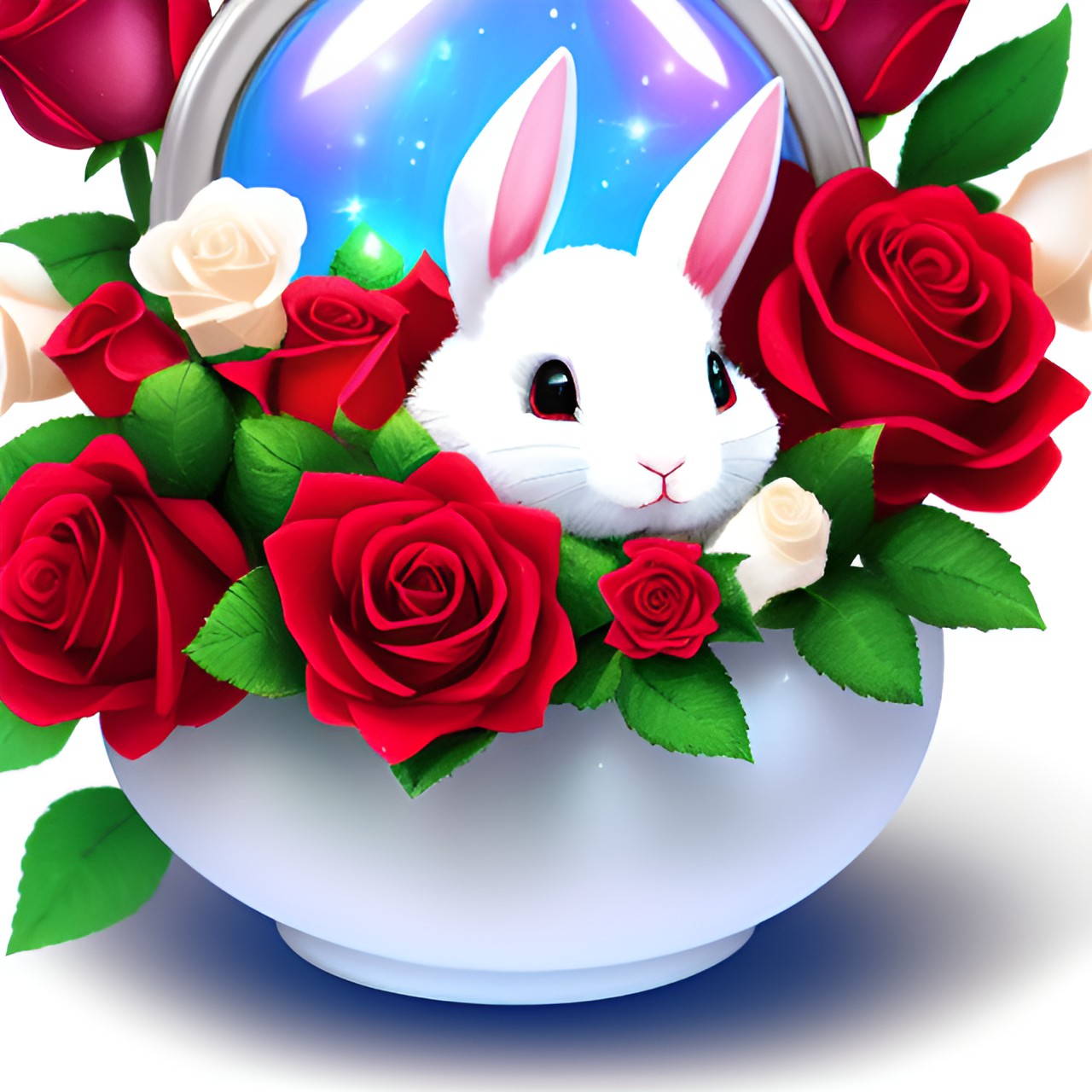 rhinestone,cute white rabbit,light,red roses garden,fantasy (midjourney) highly details preview