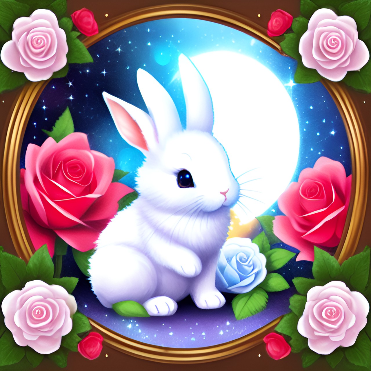 rhinestone,cute white rabbit,light,red roses garden,fantasy (midjourney) highly details preview