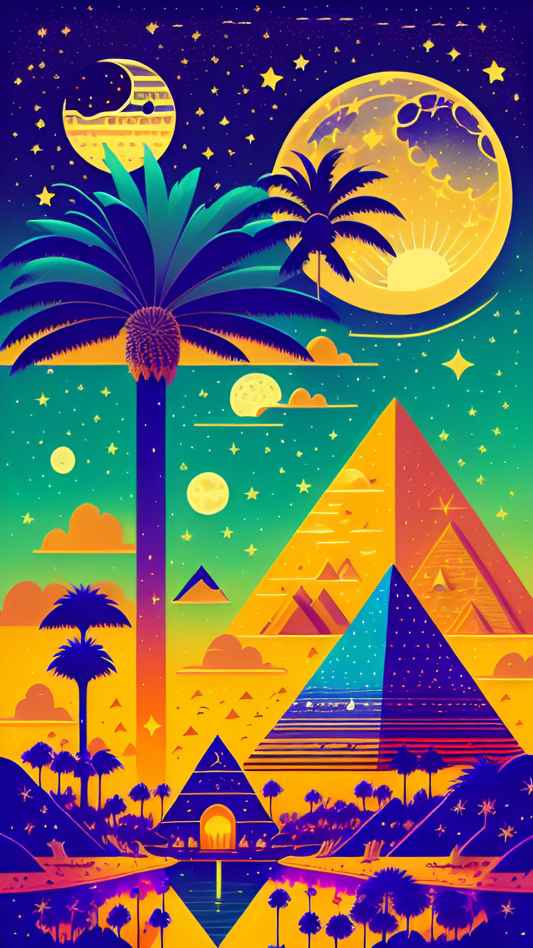 Nile Vibes - stars in the night sky, giraffe, full moon, the nile river, palm tree, birds, pyramid preview