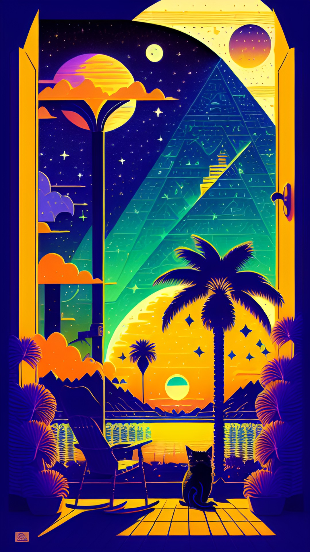 Wow Meow - stars in the night sky, palm tree, the nile river, pyramid, cat, rocking chair, boots, key, door preview