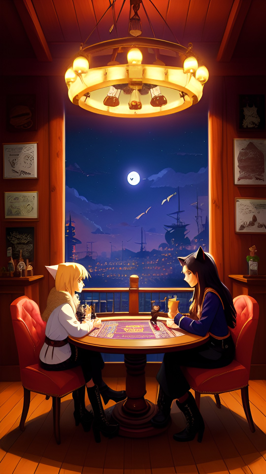 Small Talk - cats, boots, pirate clothes, poker table, whiskey, bridge, woman, feather, chandelier, full moon preview