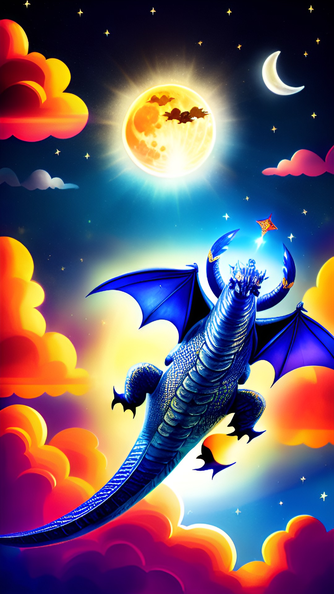 dragon, shooting star, full moon, sun, spaceship, elephant, clouds preview