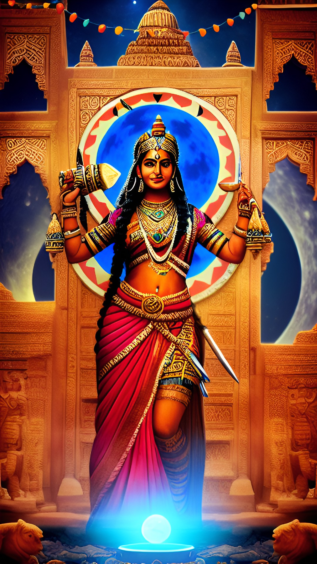 Indian Goddess - india, goddess, candle, warrior, petra, full moon, connection, shield, tiger preview