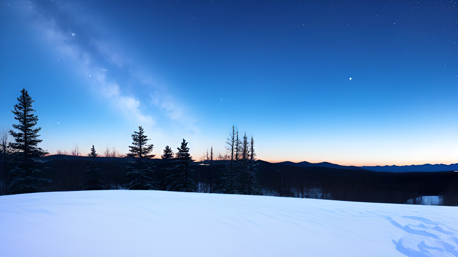 snowy terrain, really blue night sky, point of view, rural, dark, clear sky preview