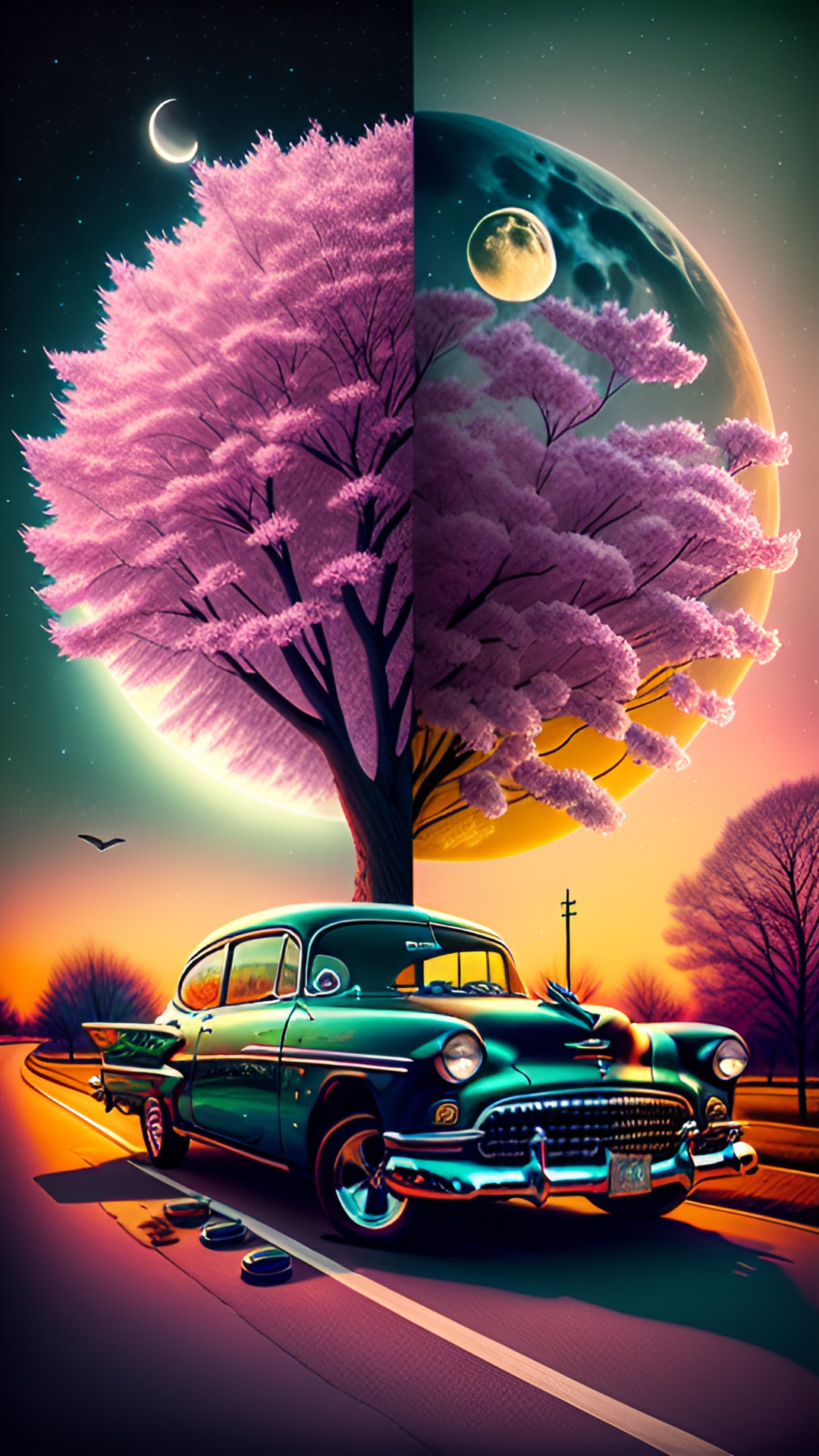 Cherry Blossom - cherry blossom tree, 1953 chevrolet, milkshake, road, raccoon, solstice moon, saturn, boots, kaleidoscope, guitar, blues music, james dean preview