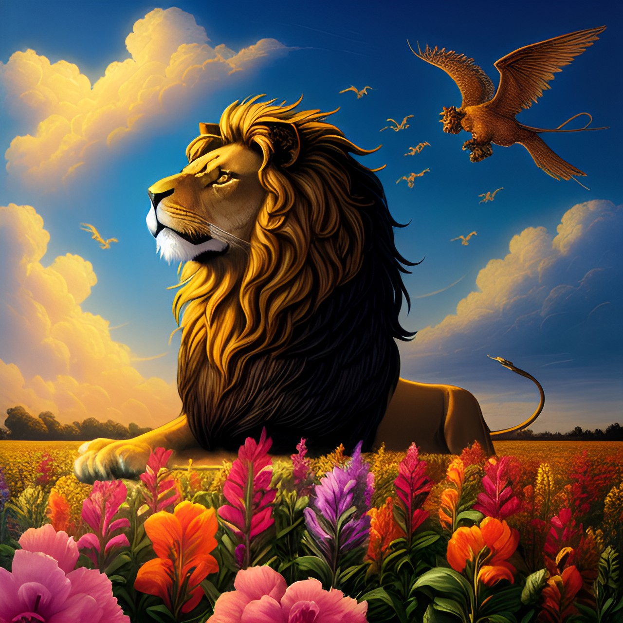 Kingly - a winged male lion surrounded by snapdragons in a field. in the sky, there is a dragon frying by. preview