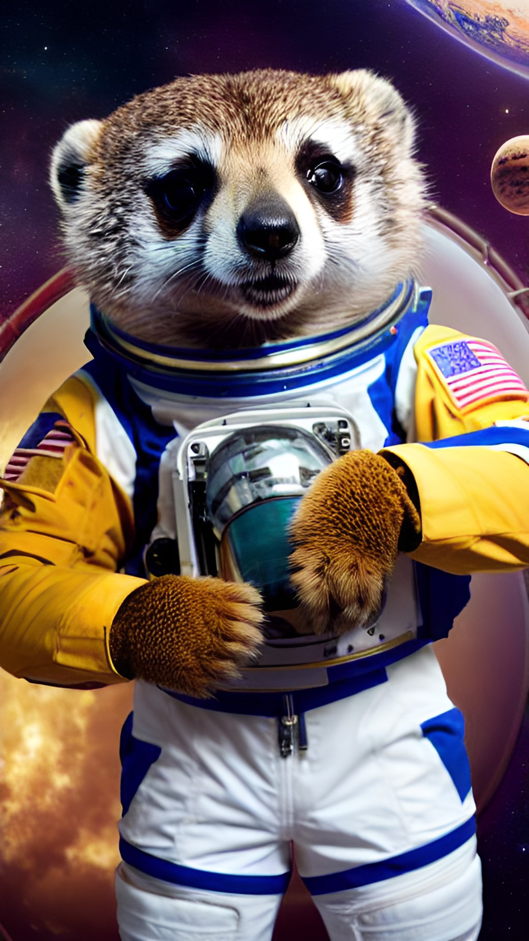 an anthropomorphic meerkat in a spacesuit on a space station preview