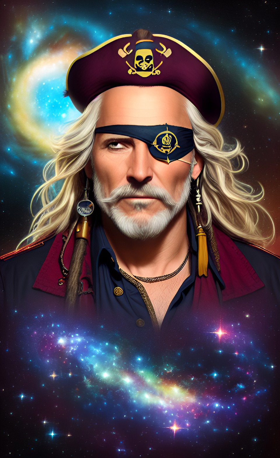 Cosmic pirate 1 - portrait. cosmic clean-shaven older-looking pirate with clear hairless face, with one black eye patch. galaxy, stars, convocations, fantastical. intricately-detailed, by louis dubufe, kinemacolor, 4d, super-resolution, artificial lighting preview