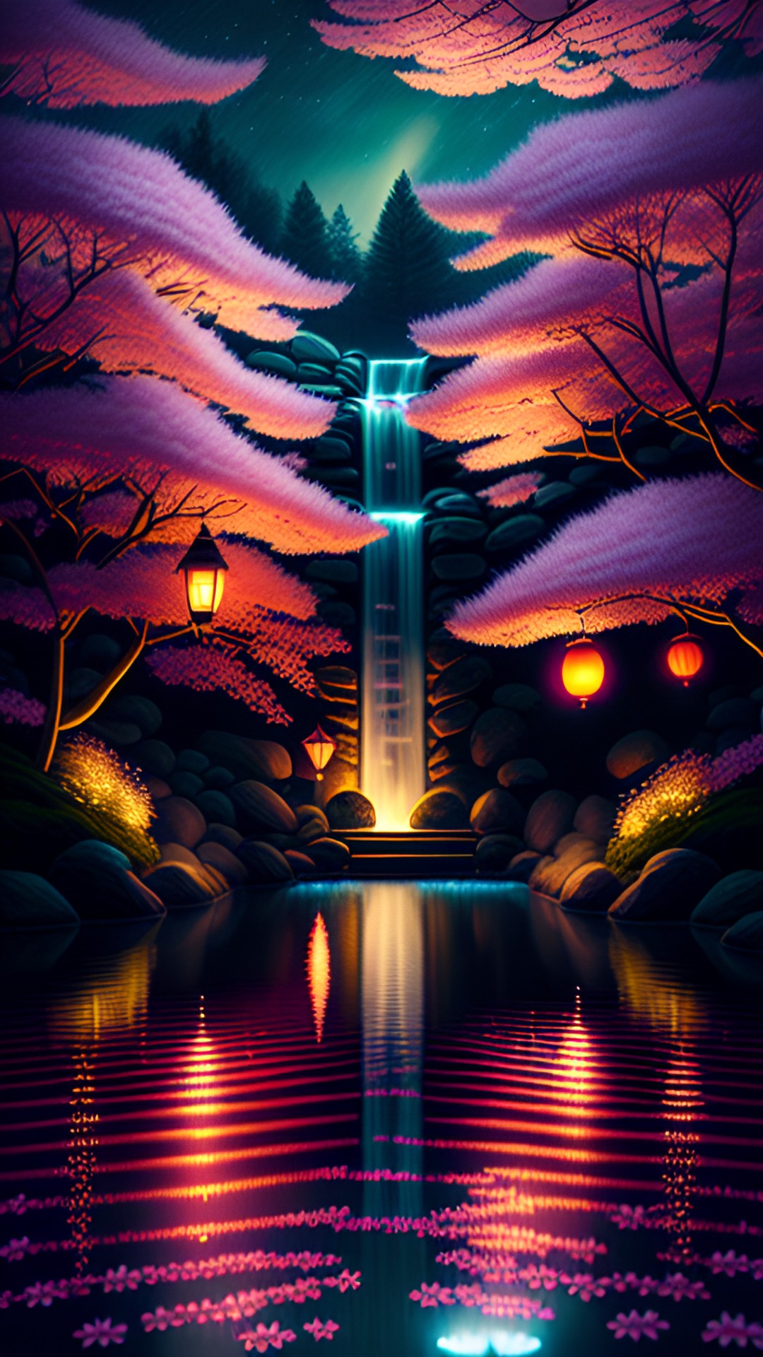 cherry blossom waterfall, night, lanterns preview