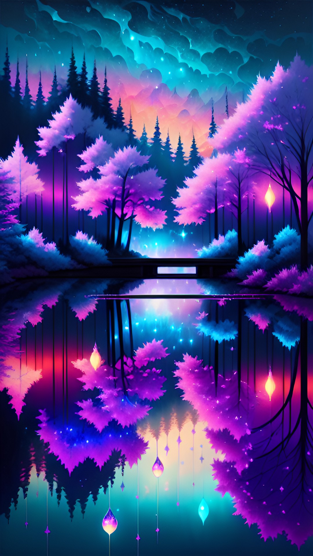 Cherry wander - river reflection on the top half and blue and pinkish sky with cherry blossoms and on the botton reflected half a night stary sky with the trees hung with string lights and glowing preview