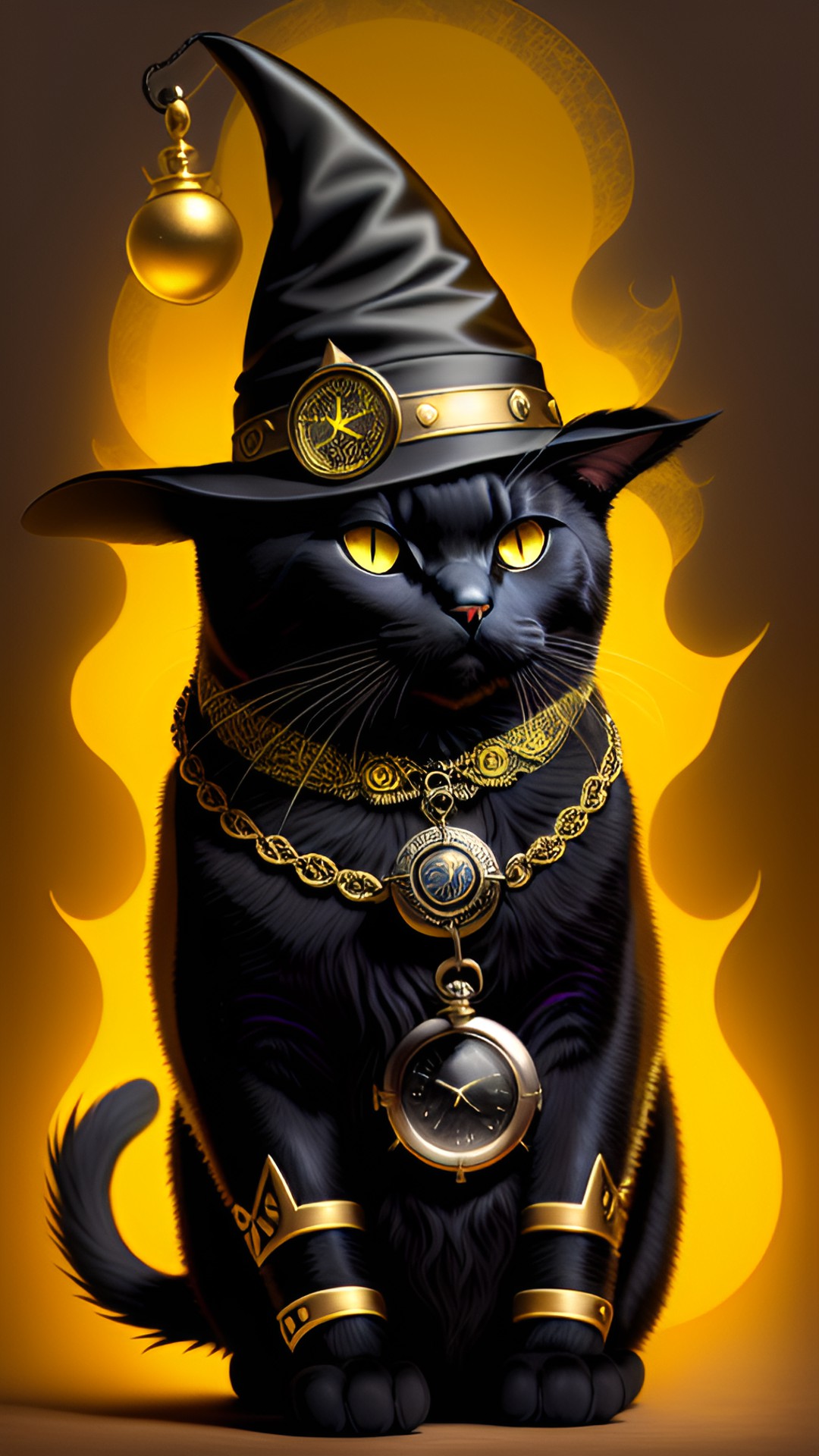 black cat with yellow eyes, wizard hat, and magical pocket watch preview