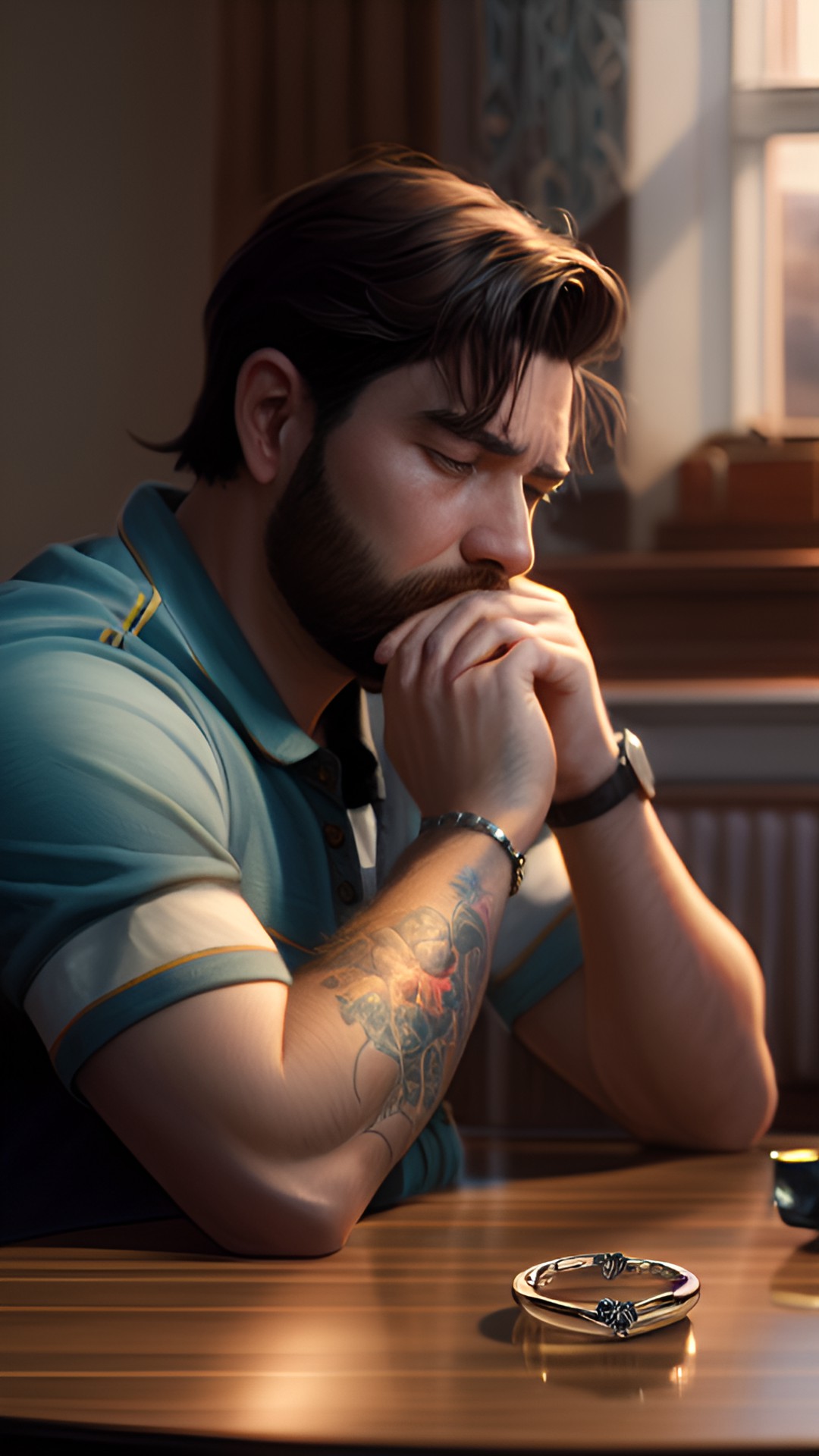 a heartbroken man i  the background. in the foreground there's a wedding ring on the table in front of him. preview