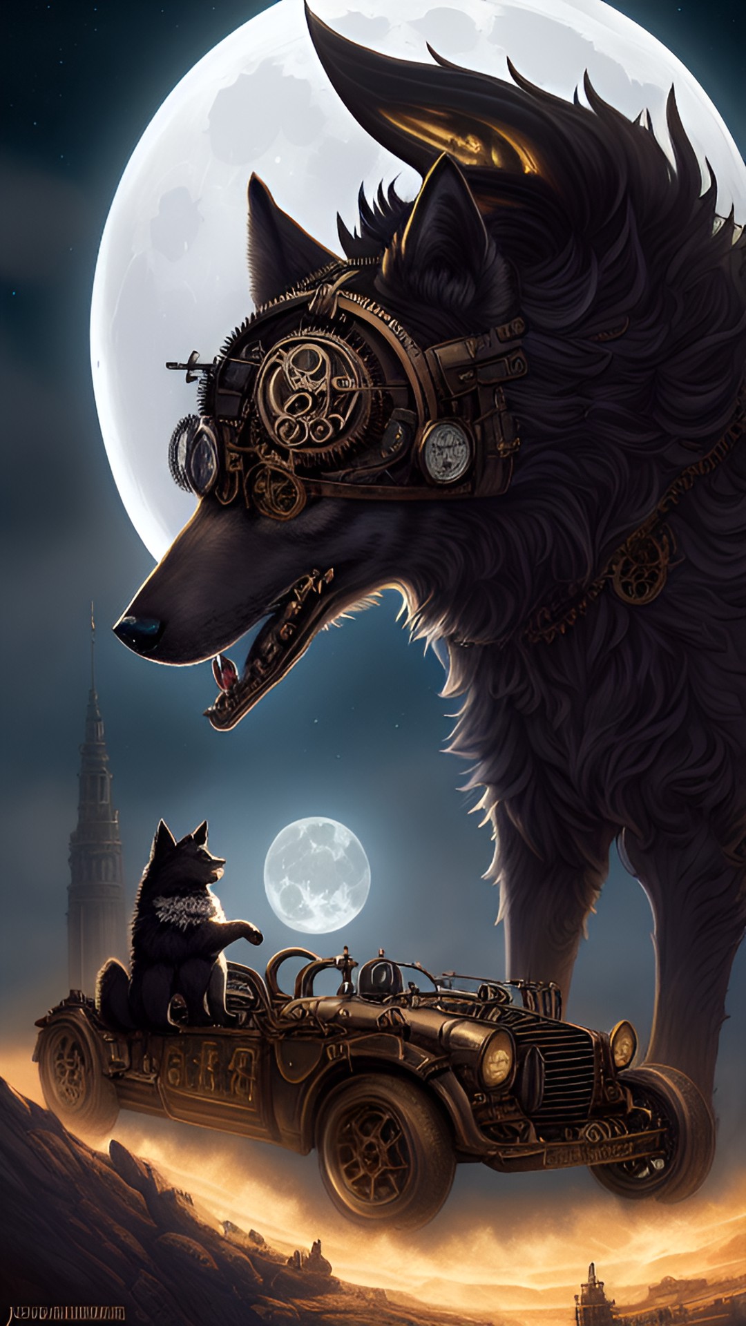 Steampunk Wolves - a black wolf and a white wolf howling at the moon. a dead deer lays at their feet preview