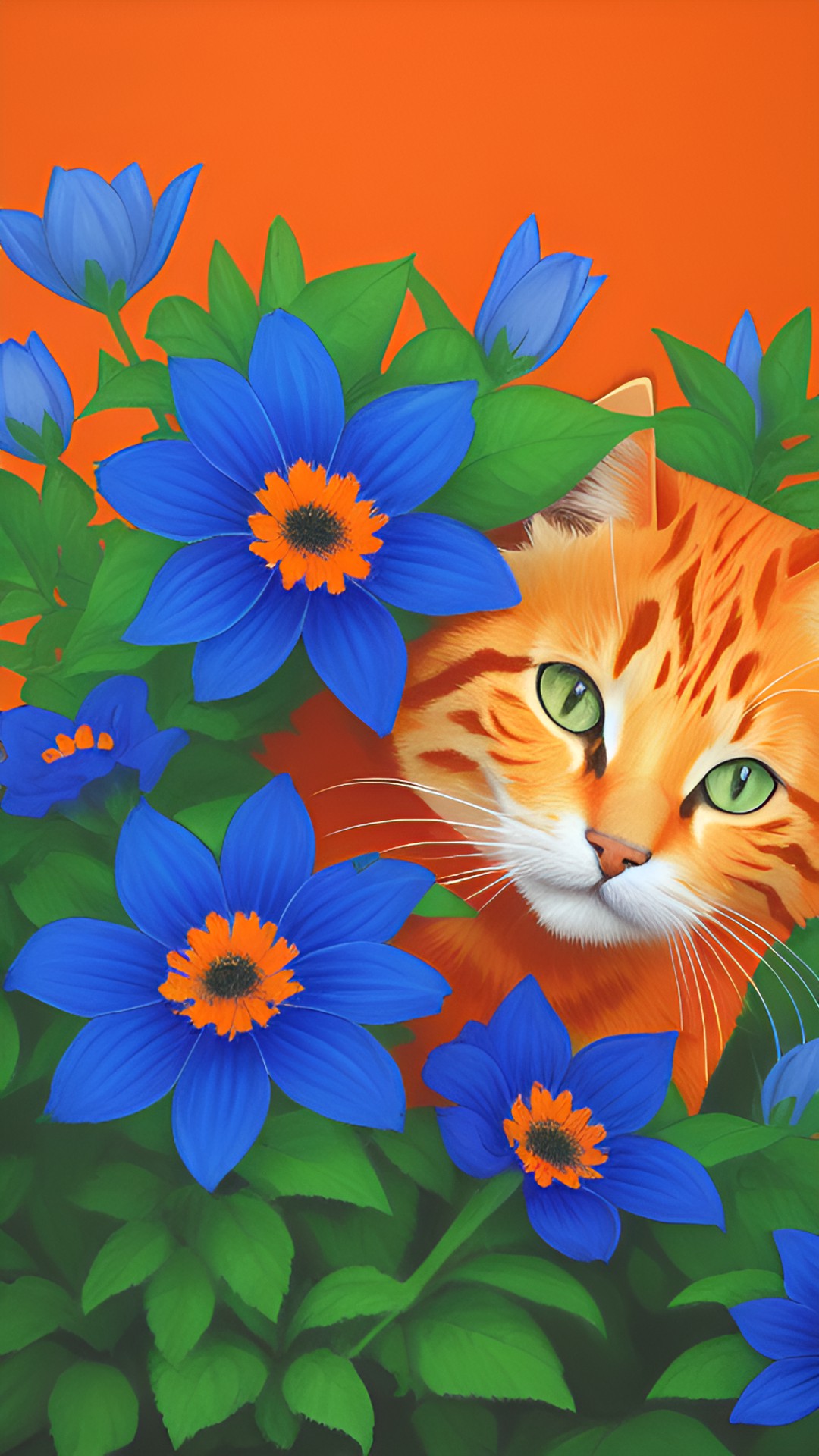 orange cat, blue flowers preview