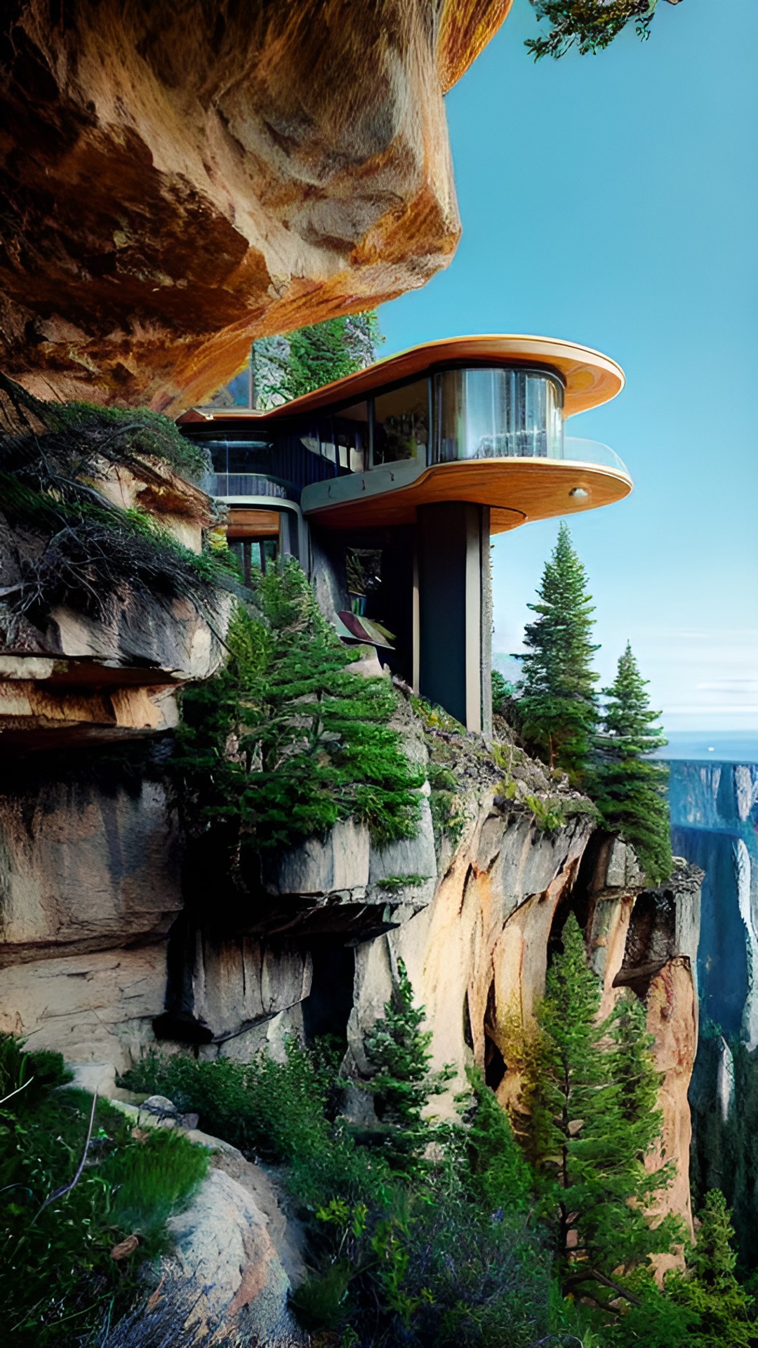 futuristic single-level house overlooking a cliff, with a zoomed mountain-side in the background with a wild forest preview