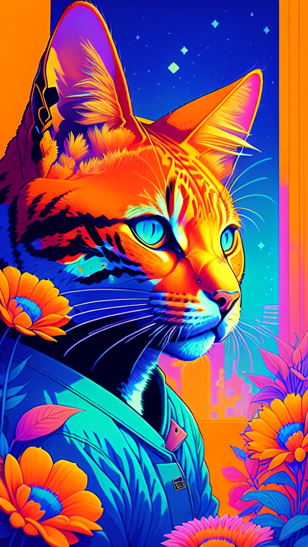 orange cat, blue flowers preview