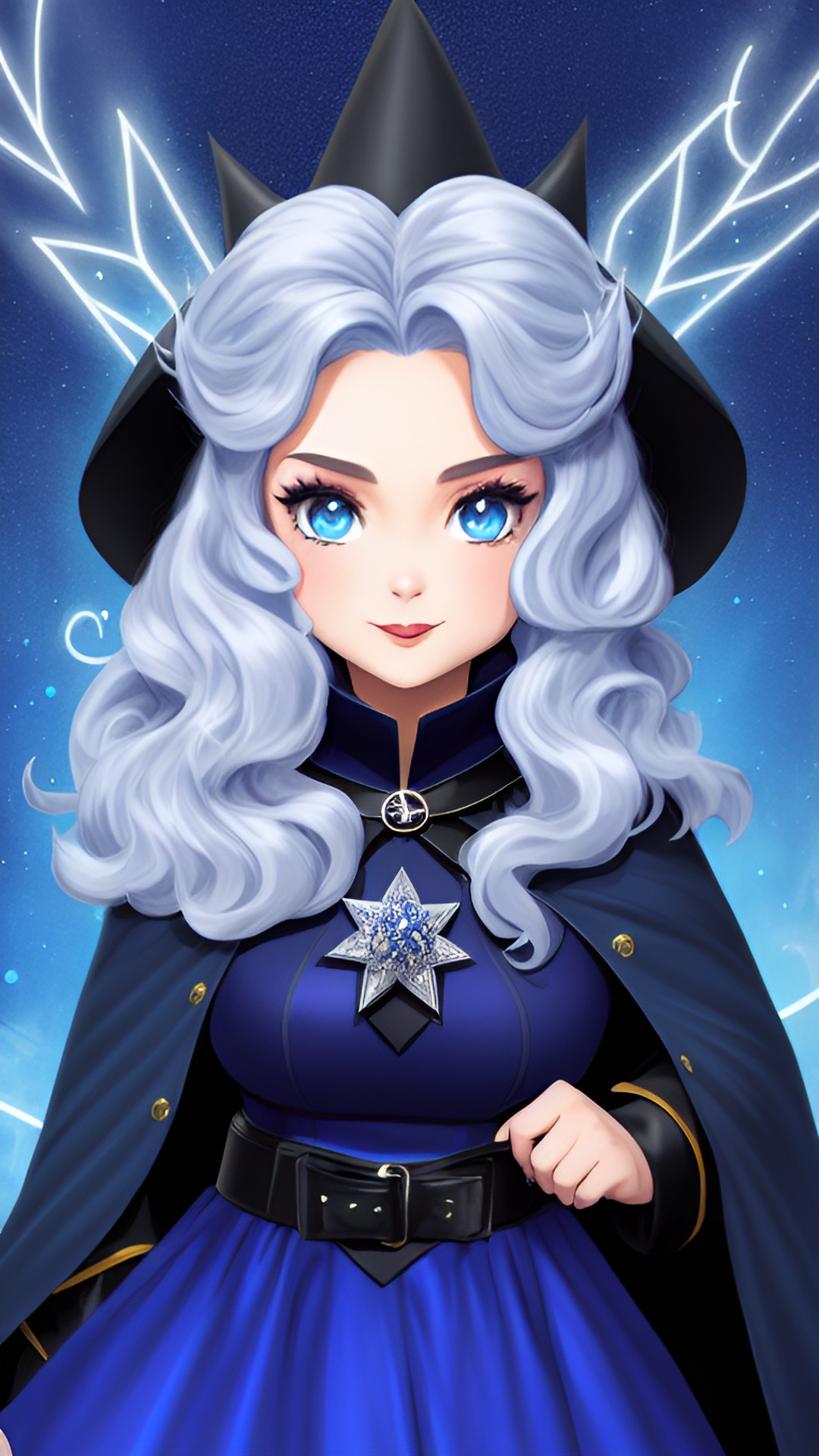 wild-haired mistress of the dark arts in a dark blue cape with silver stars ✨ so cute on her way to mess up someone's day with ✨ magic ✨ preview