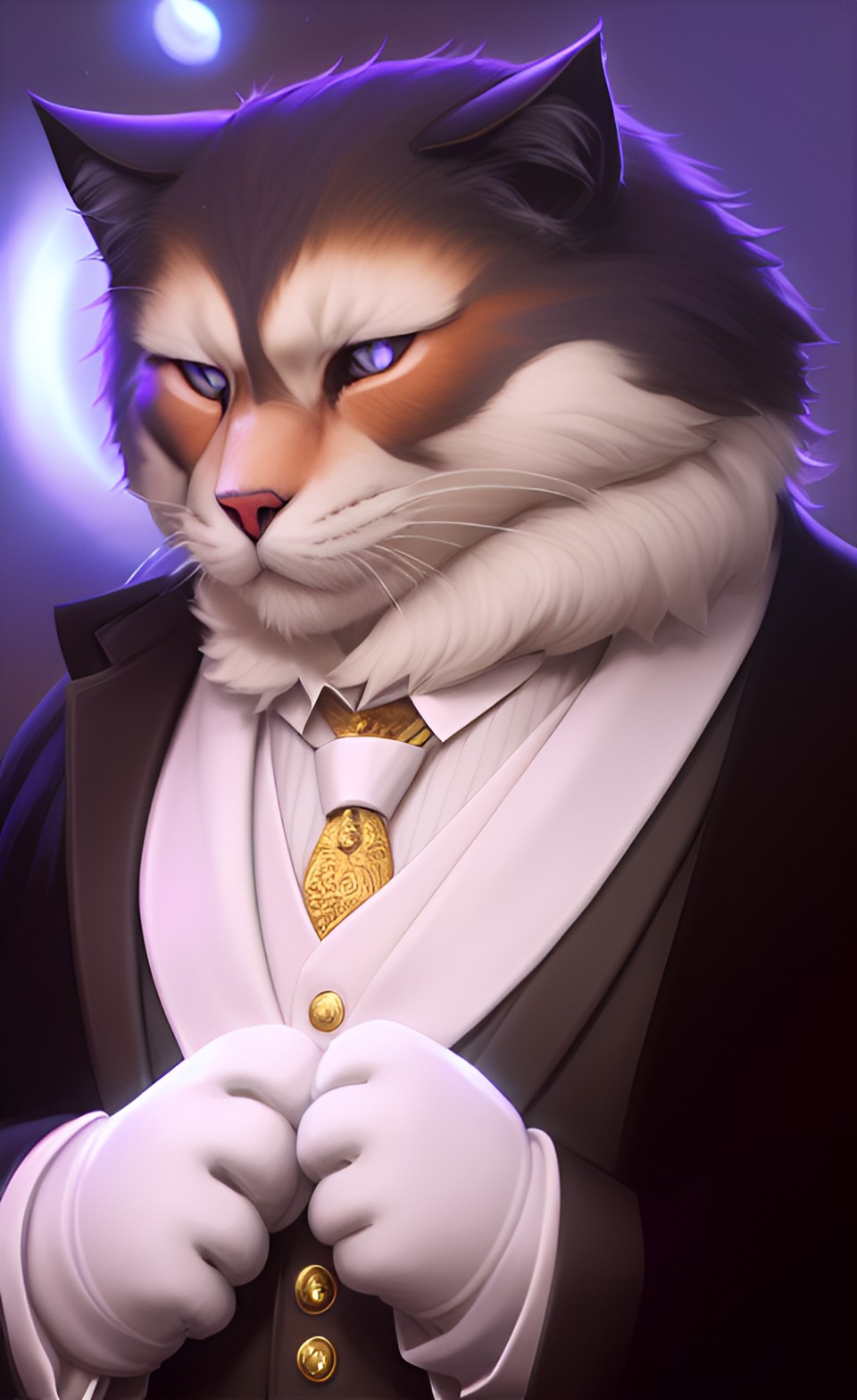 Aristocratic cat - anthropomorphic furry fat nice cat in black suite and white gloves. night. fantasy. intricately-detailed, by louis dubufe, kinemacolor, 4d, super-resolution, artificial lighting preview