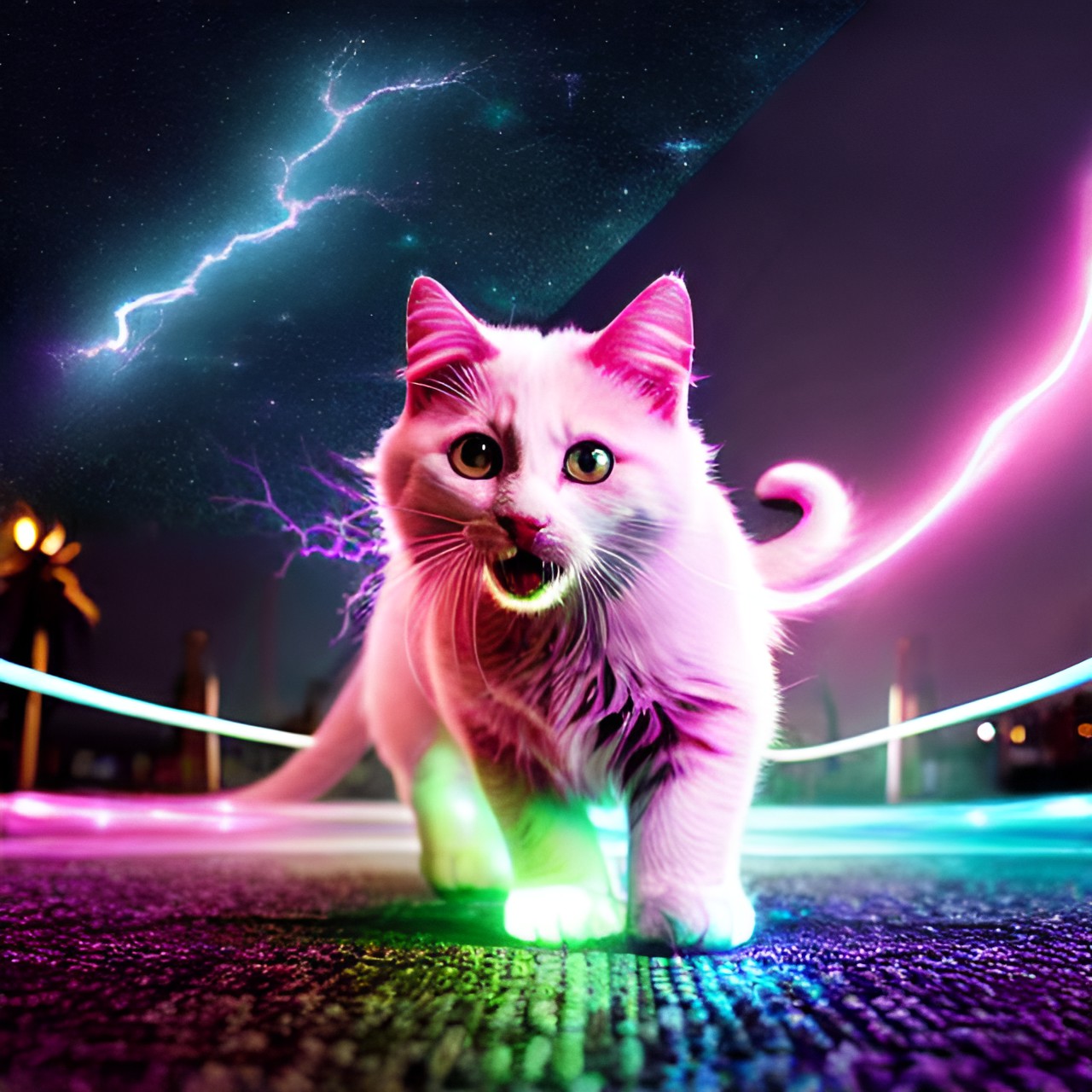 pink magical cat pouncing at a deal line with lightning all over the deal has its horns all made of magic glowing light preview