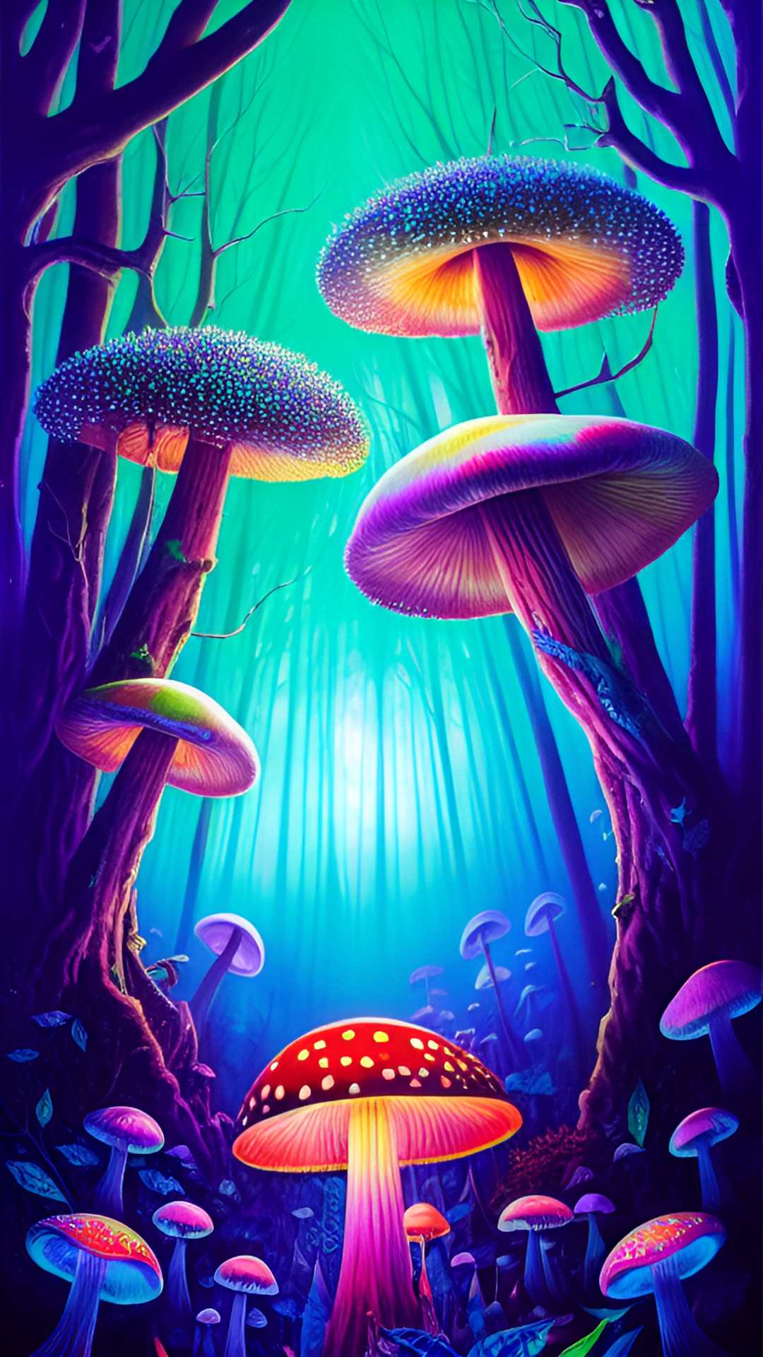 Mushrooms - magical mushrooms in a dark forest, glowing with neon colors and surrounded by a mist. ethereal and surreal, they seem to hold a secret power. preview