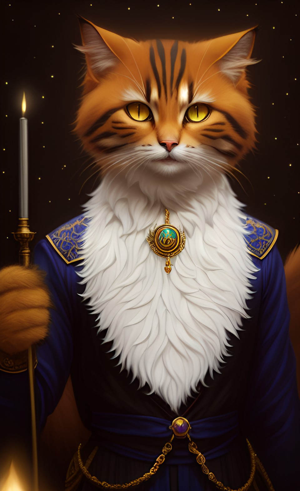 Red cat with candle - anthropomorphic furry nice smiling cat. magic. night. fantasy. intricately-detailed, by louis dubufe, kinemacolor, 4d, super-resolution, artificial lighting preview