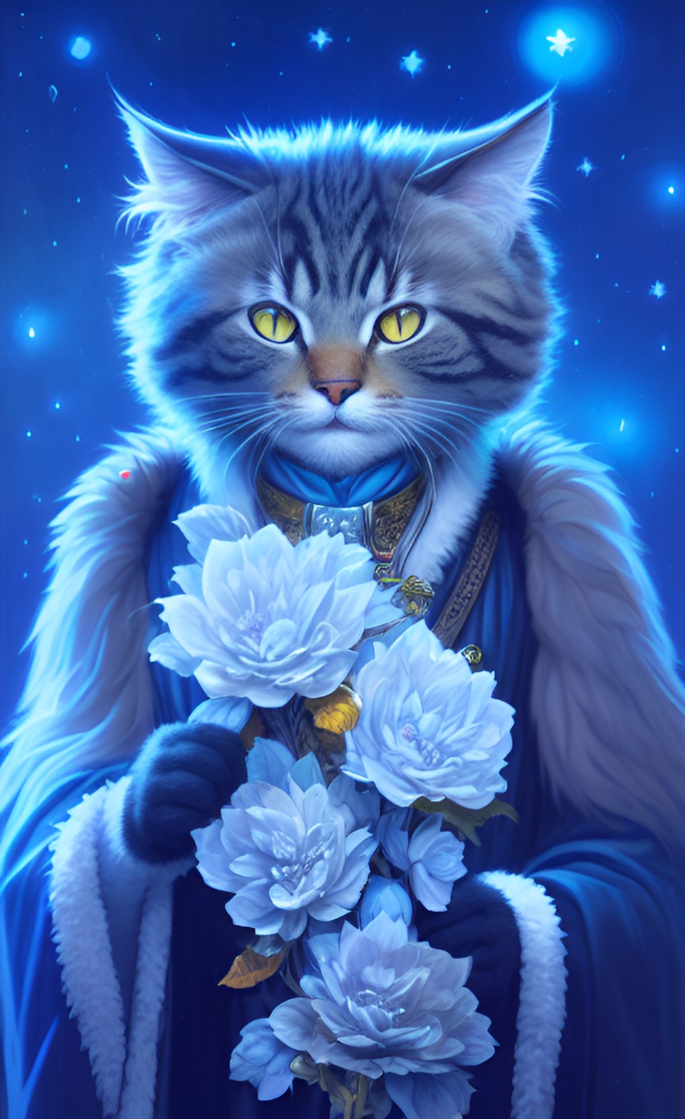 Cat with white flowers - anthropomorphic furry nice smiling cat. magic. night. fantasy. intricately-detailed, by louis dubufe, kinemacolor, 4d, super-resolution, artificial lighting preview