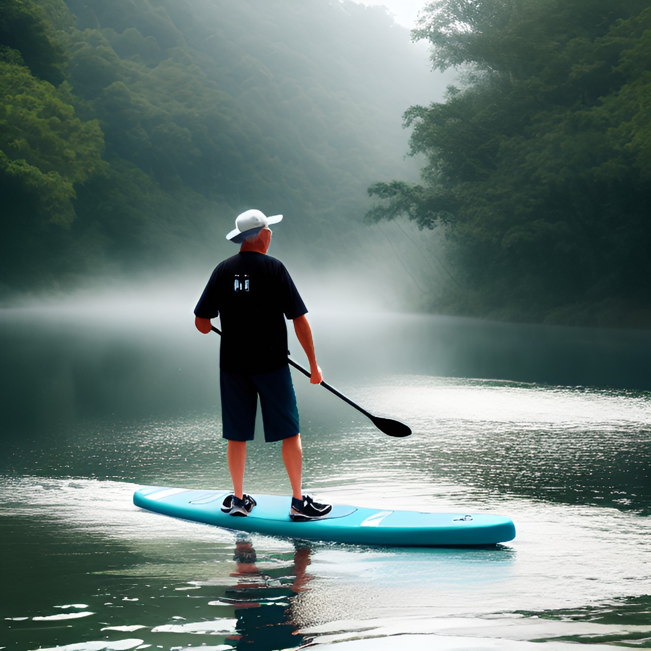 SUP … - old man on a stand up paddling board on a misty dschungel river preview