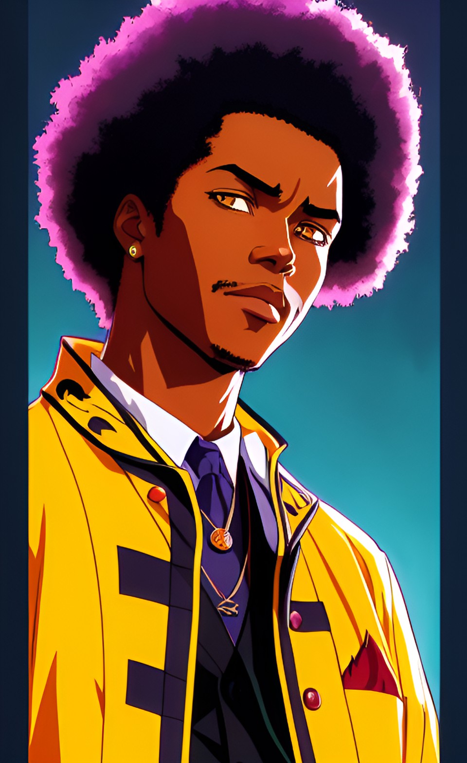 vintage 80s anime portrait of dangerous middle aged black african american man with yellow eyes warlock witchcraft elegant clothes preview